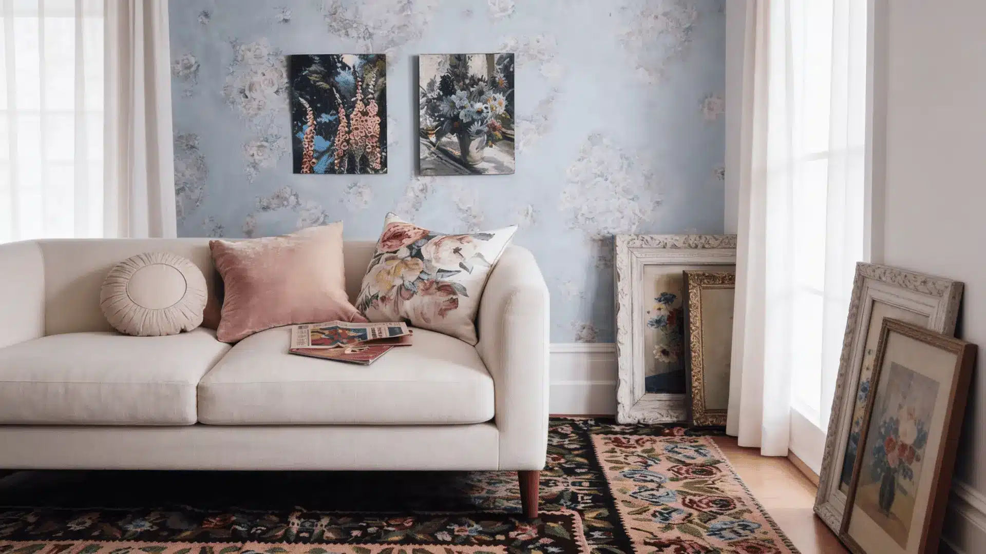 Modern cottagecore room with layered textiles, cushions, and soft blankets