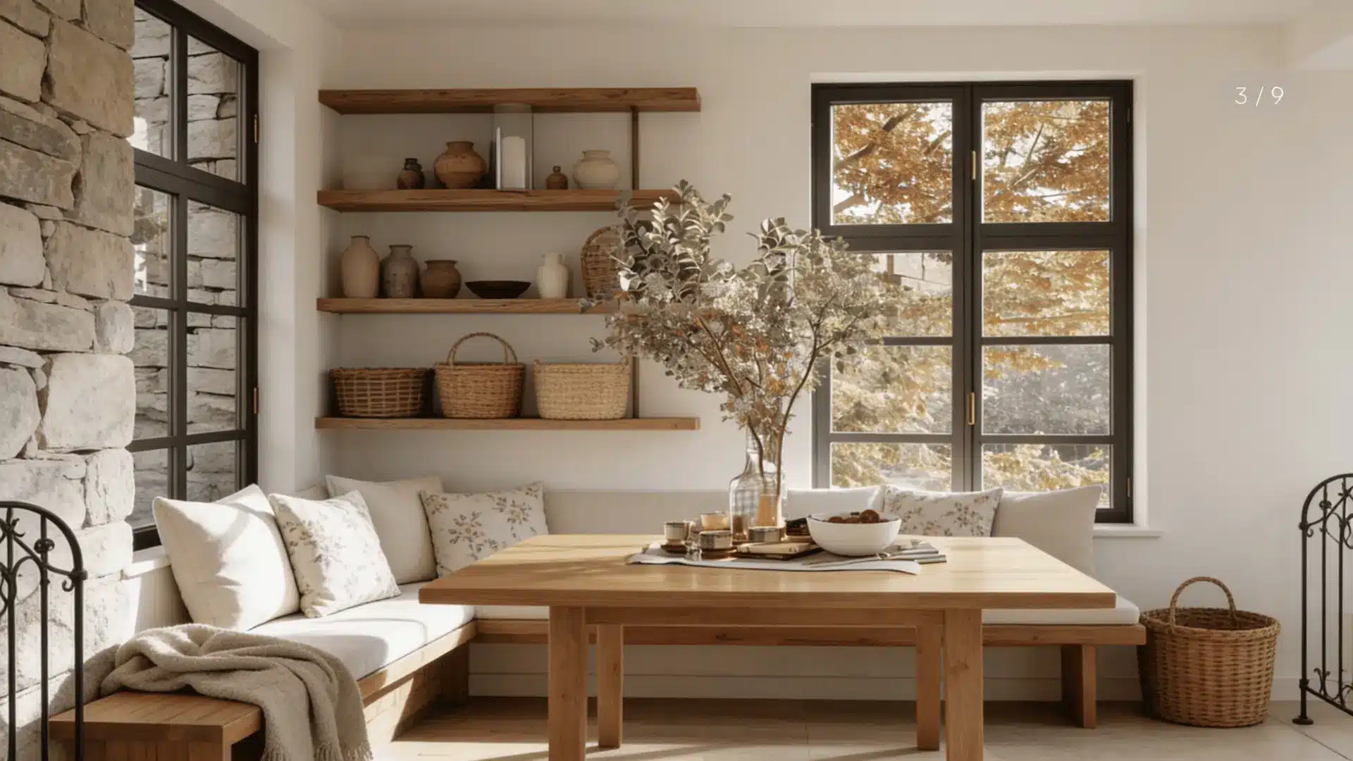 Modern cottagecore room with wooden furniture, wicker decor, neutral linen cushions, and a clean, warm rustic style