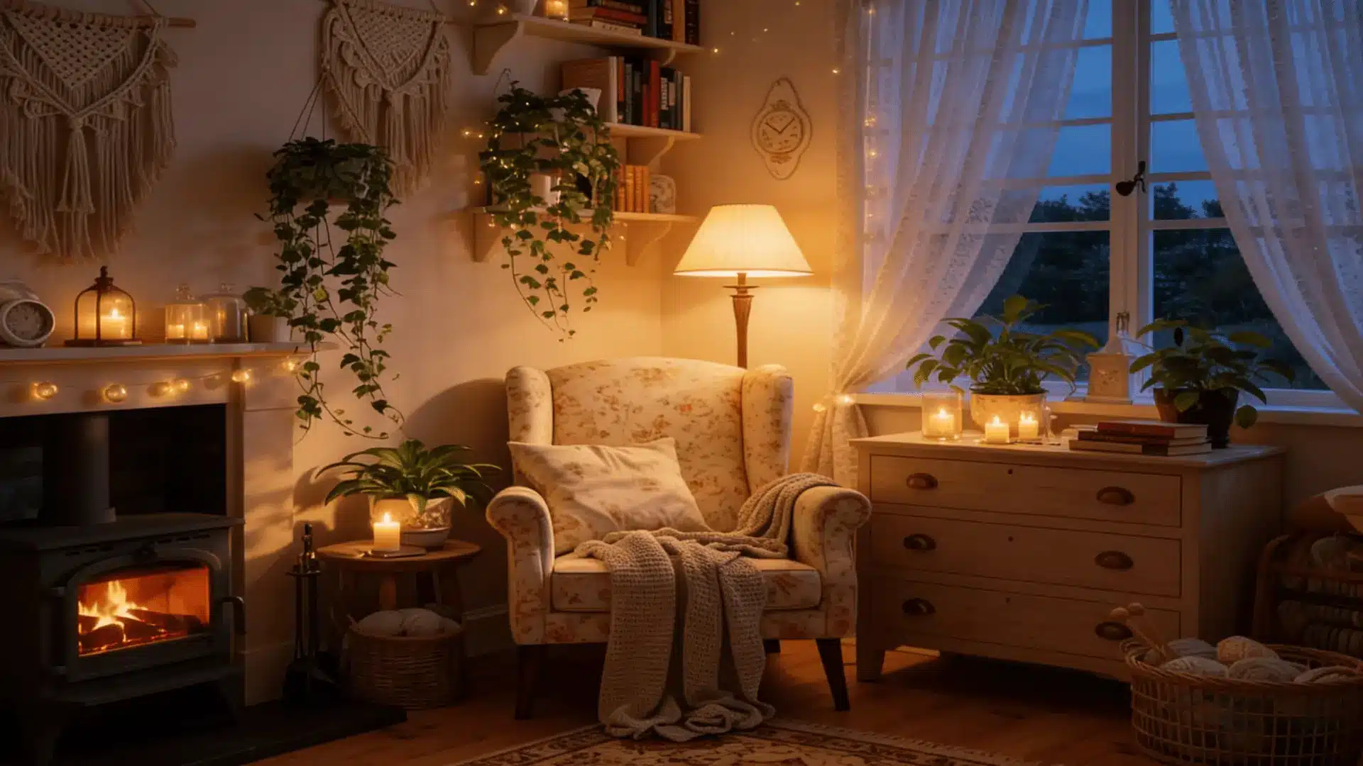 Modern cottagecore space with candles, warm lamps, and soft lighting
