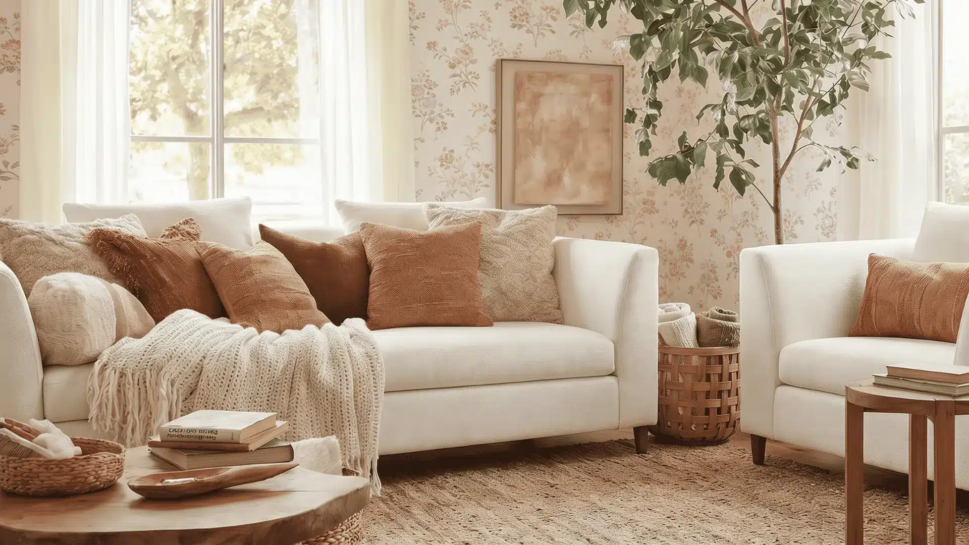 Modern cottagecore space with indoor plants, fresh flowers, and small herb pots in a bright room