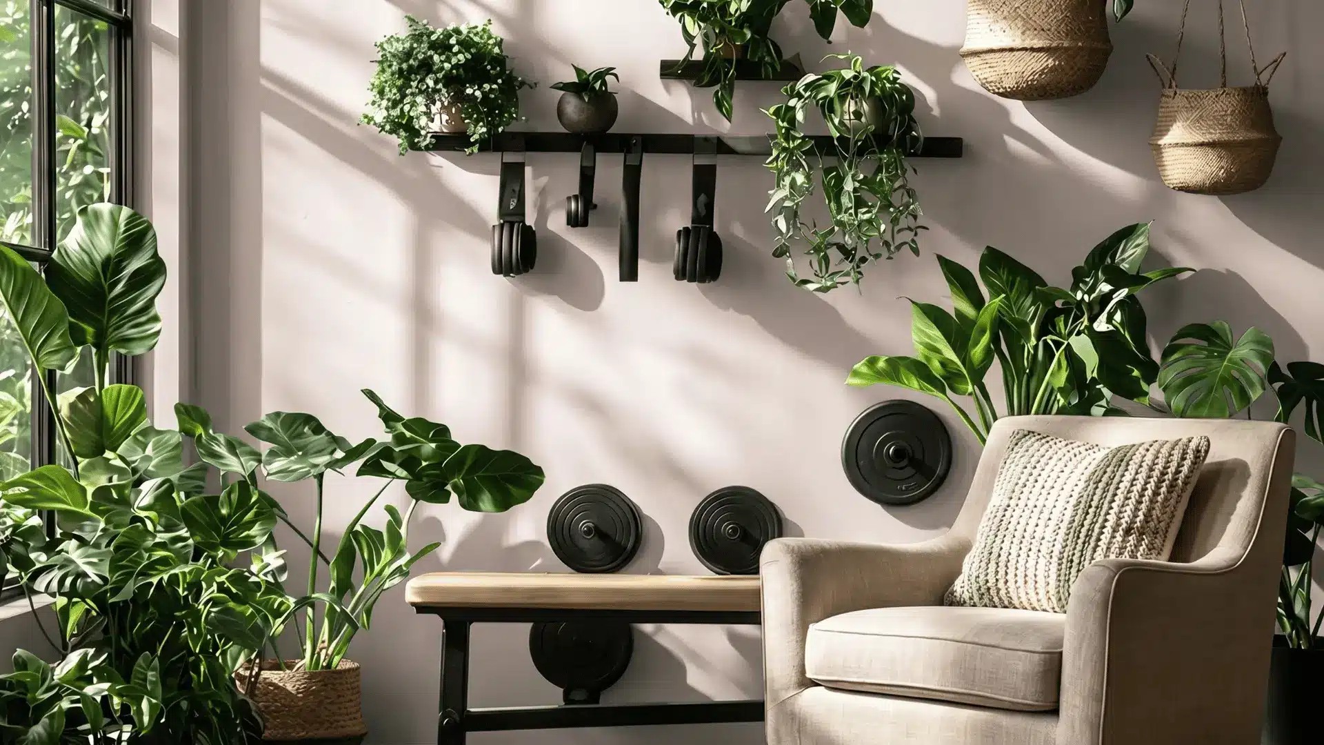 Modern cottagecore space with indoor plants, fresh flowers, and small herb pots in a bright room