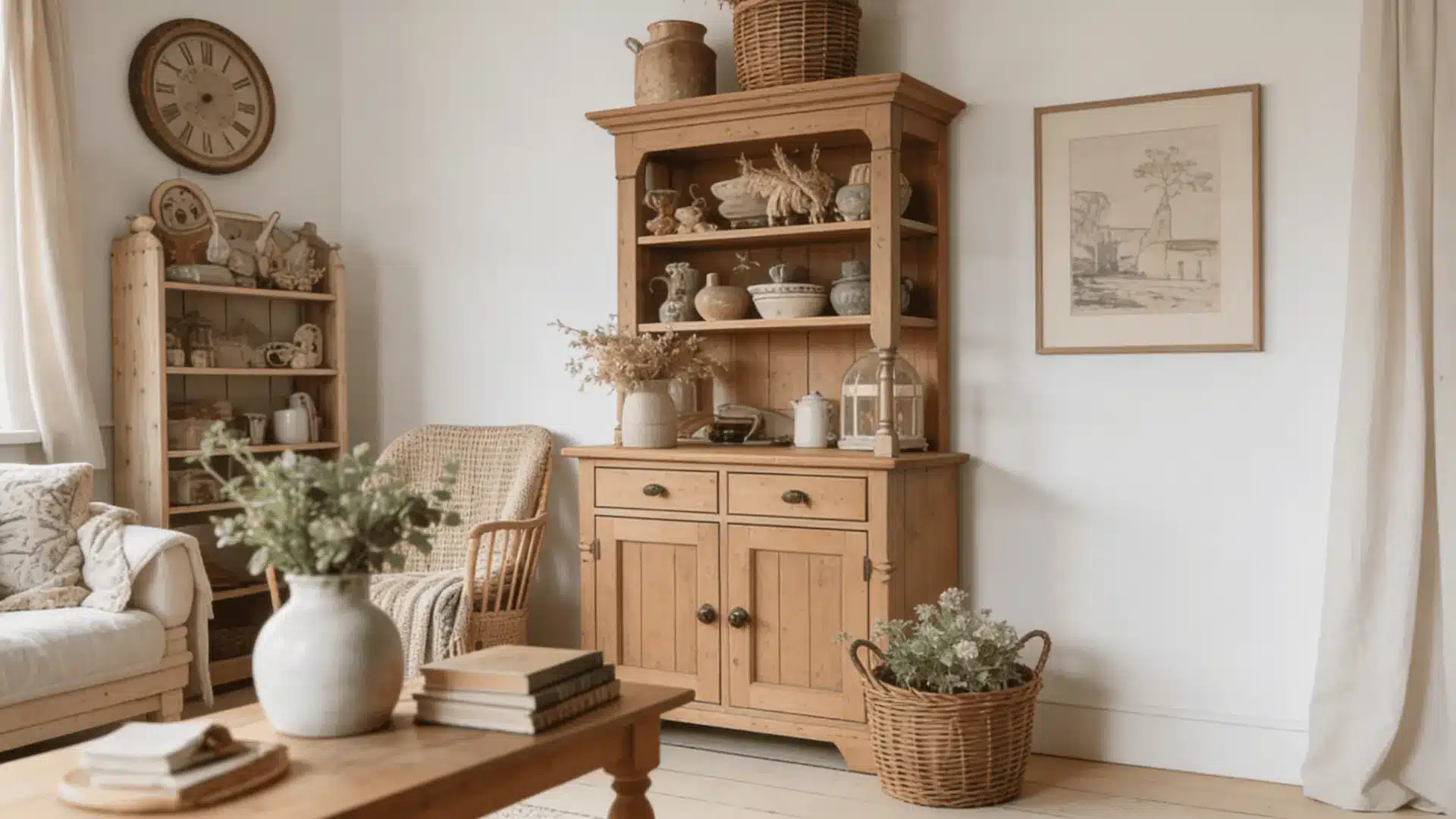 Modern cottagecore space with vintage furniture and antique decor in a simple setup