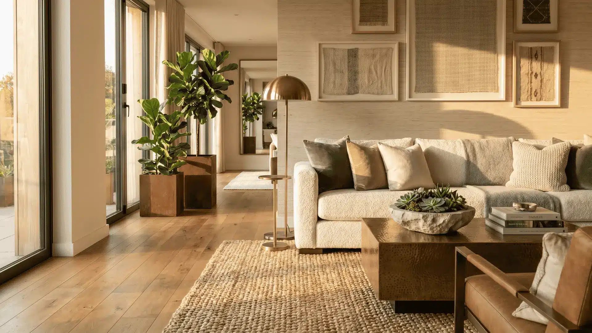 Modern interior showcasing mixed textures with wood, fabric, metal, and natural elements creating depth and balance