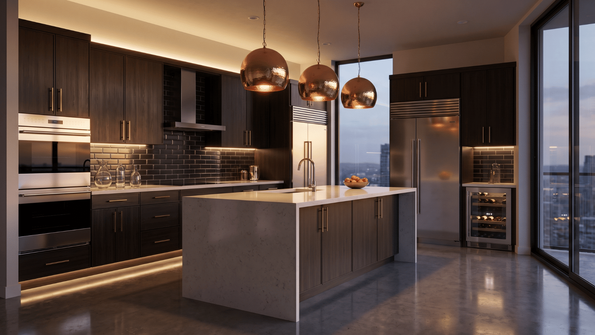 Modern kitchen with stainless steel, brass fixtures, and copper accents
