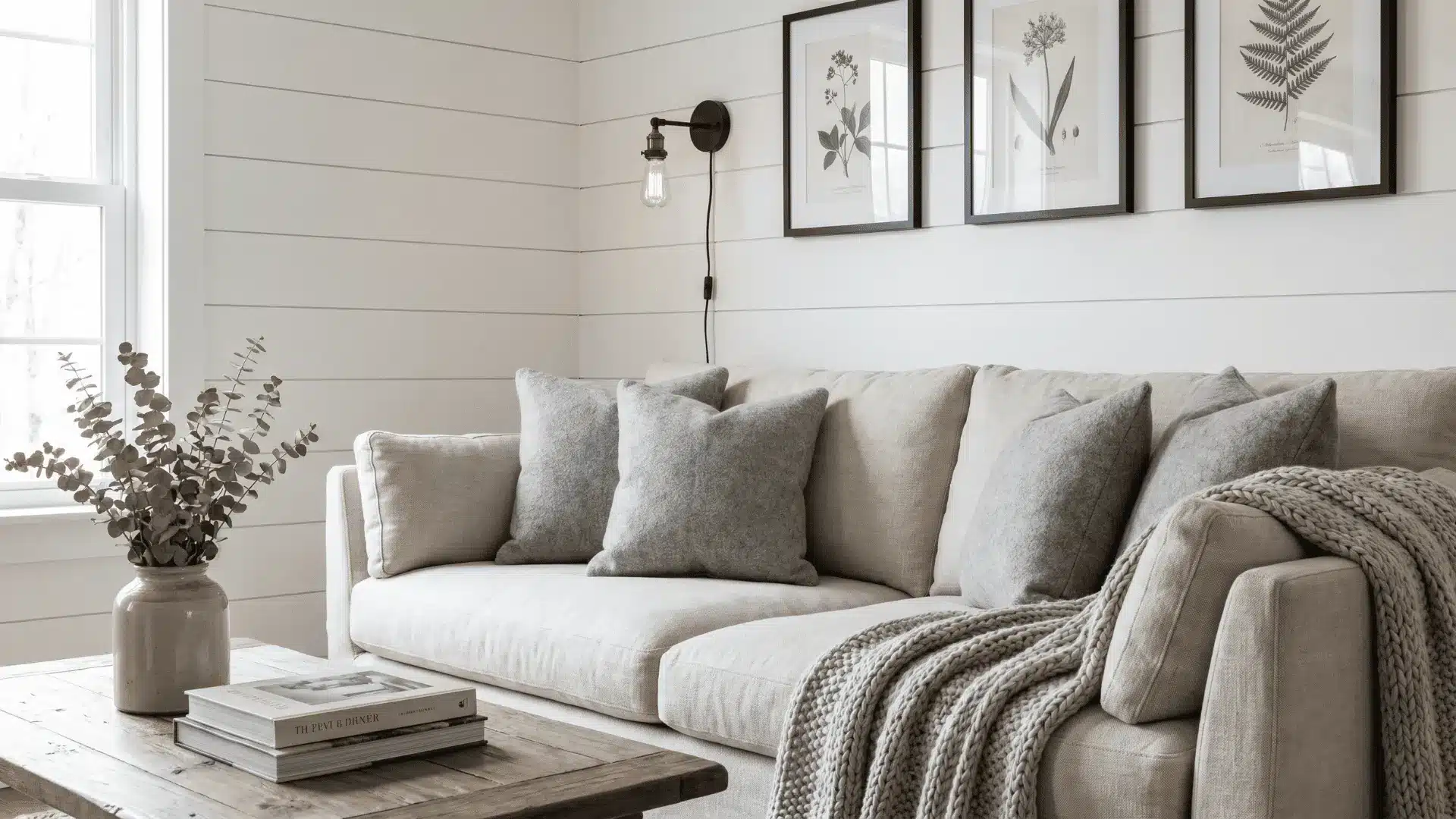 Neutral farmhouse interior with white walls and soft grey accents
