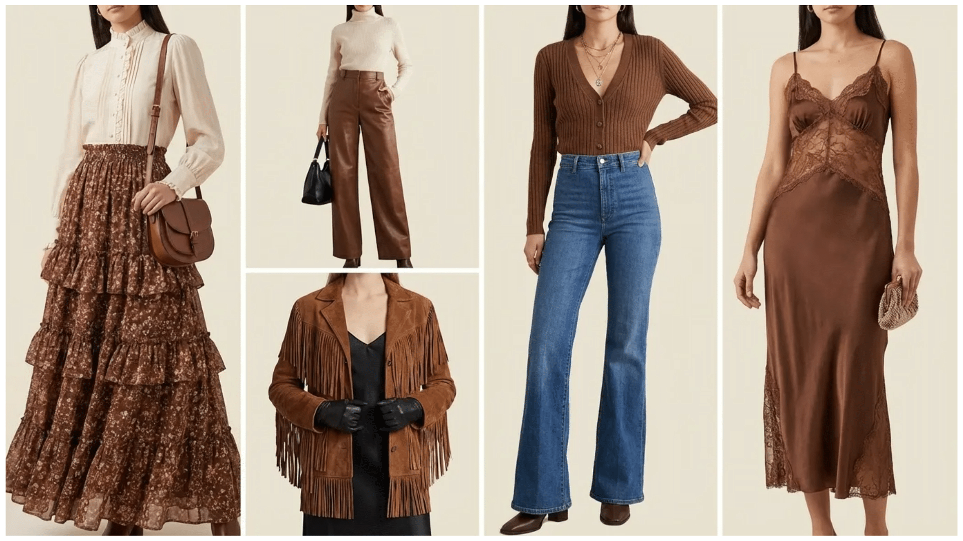 Neutral-toned outfits featuring brown pieces, including a layered skirt, tailored pants, knit top with jeans, fringed jacket, and satin slip dress