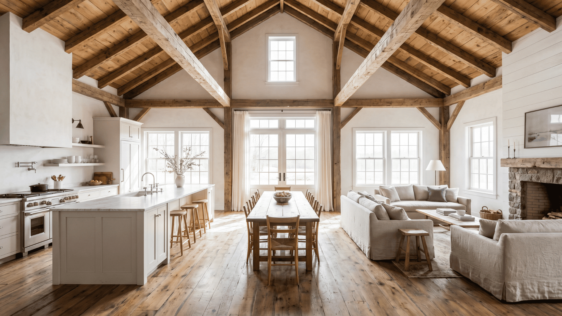 Open-plan farmhouse interior with exposed wood beams, light wood flooring, white kitchen, dining table, and cozy living area with fireplace
