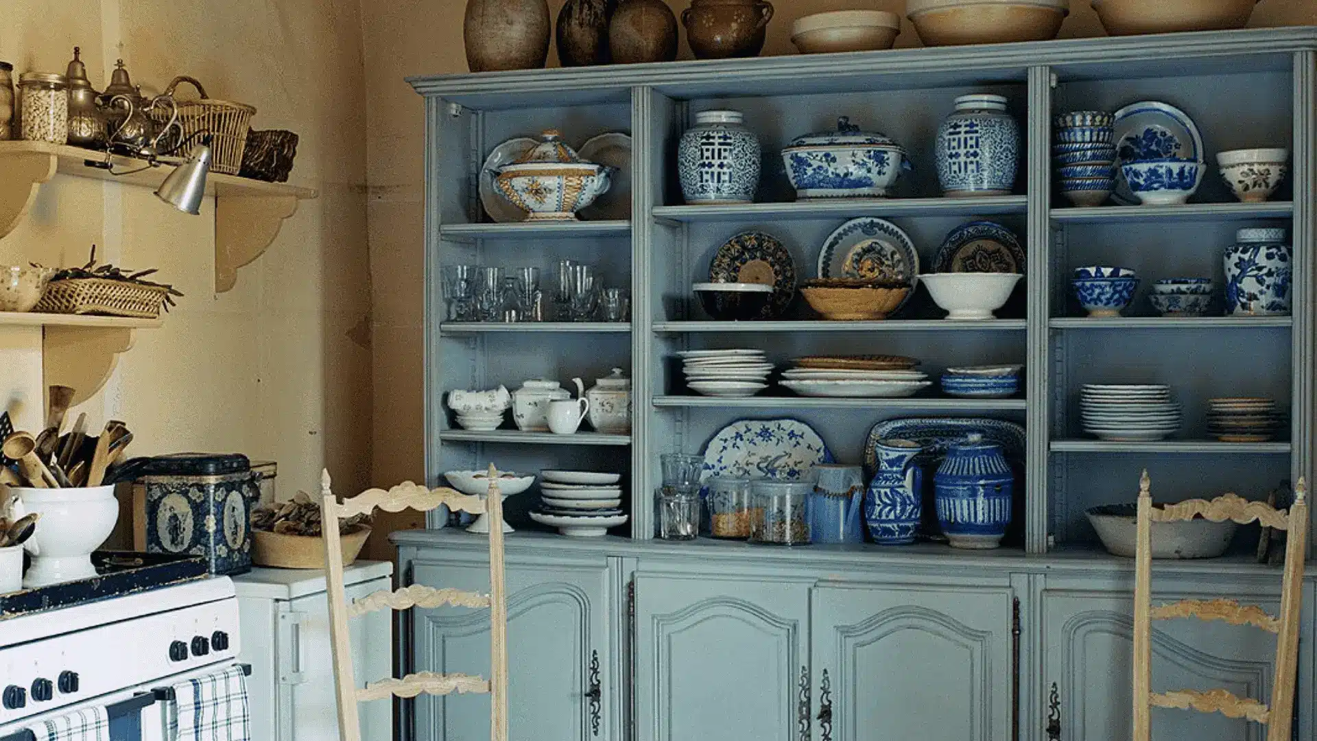 Open shelves styled with plates jars and baskets in country kitchen