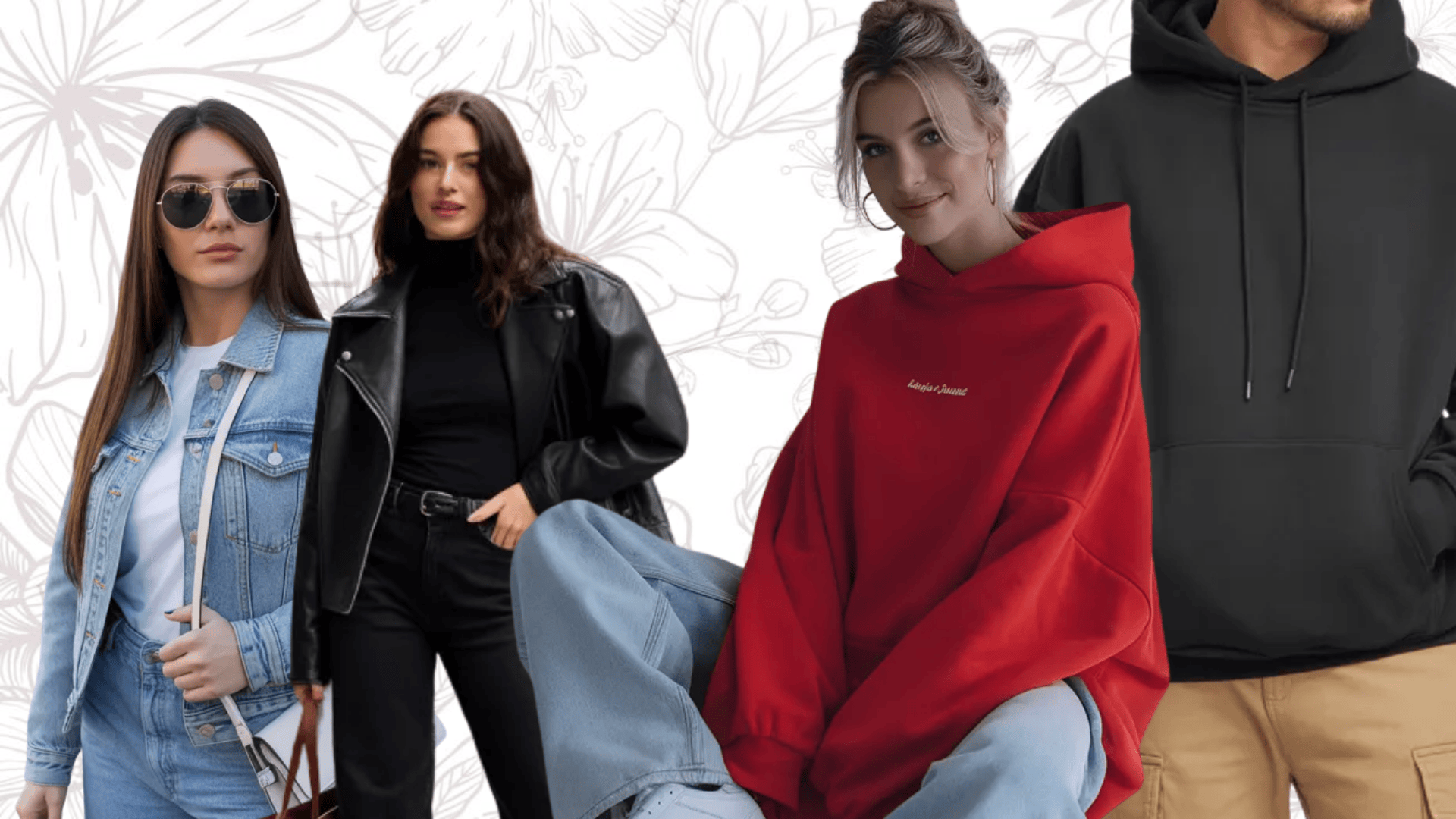 Outfit ideas with jacket or hoodie in 70 degree weather, featuring denim jacket, red hoodie, leather jacket