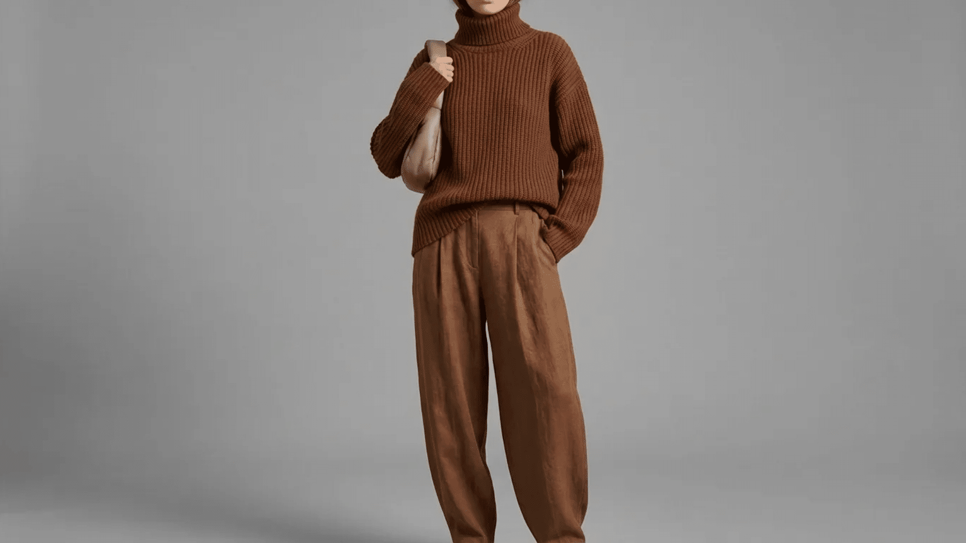 Person wearing a brown turtleneck sweater with loose brown trousers and carrying a beige shoulder bag against a plain background