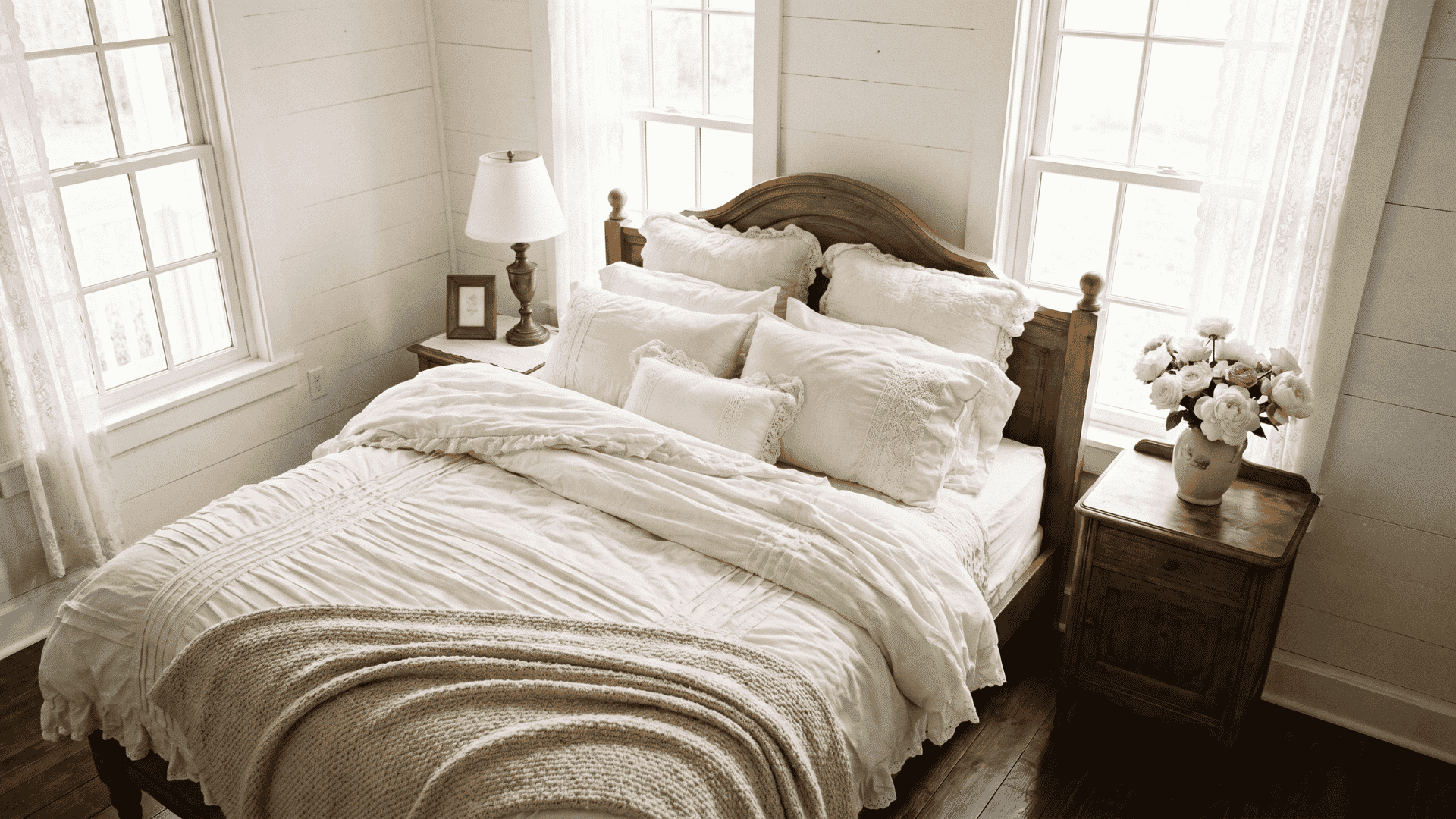 Pick light fabrics like cotton and linen for the ruffled white bedding for French country interior design bedroom