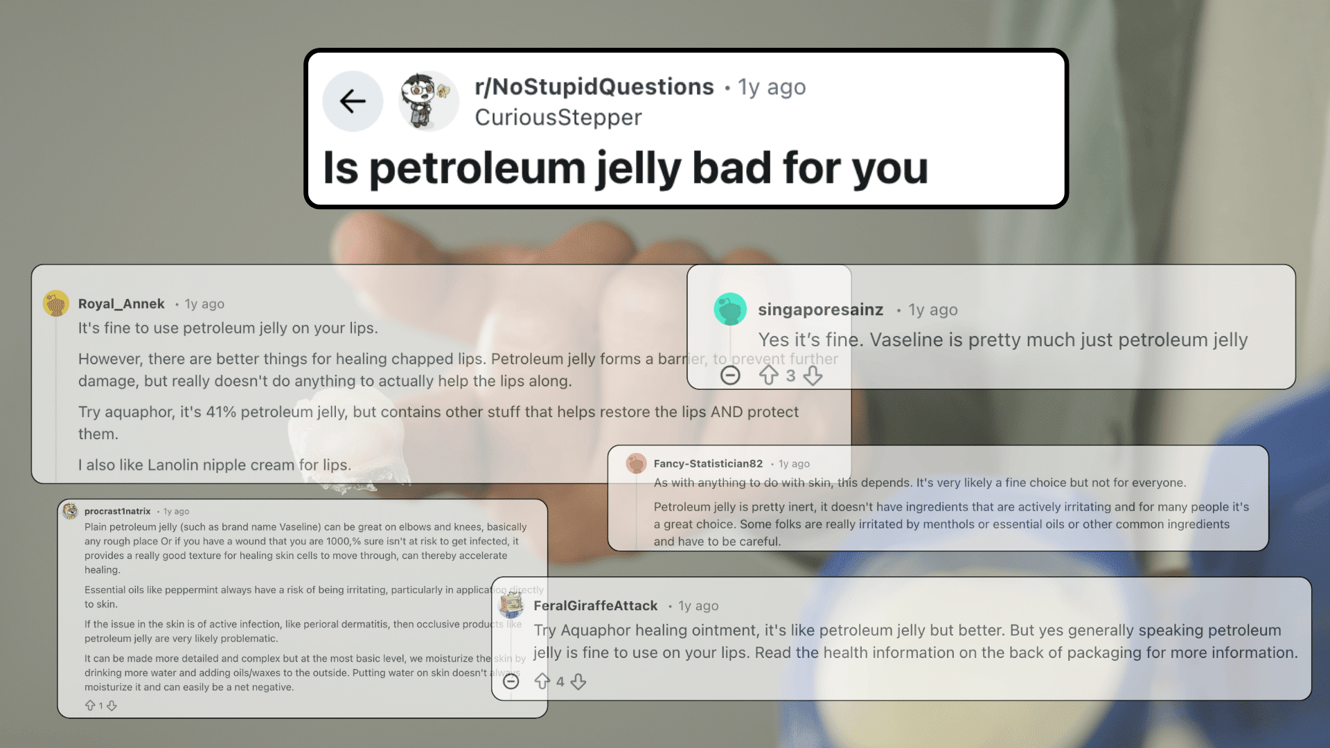 Reddit discussion screenshot debating whether petroleum jelly is bad for you with multiple user comments visible