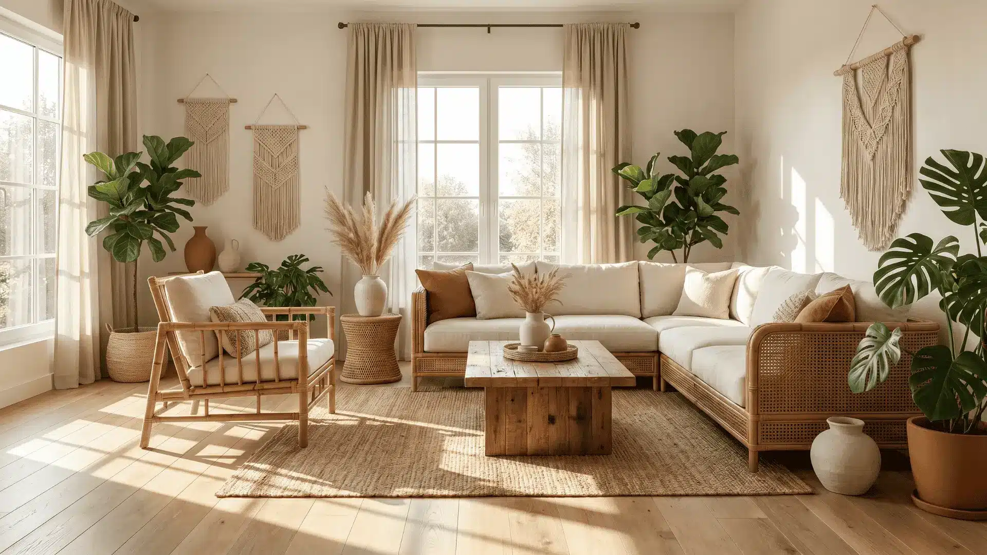 Room with bamboo decor, rattan furniture, and indoor plants creating a calm feel