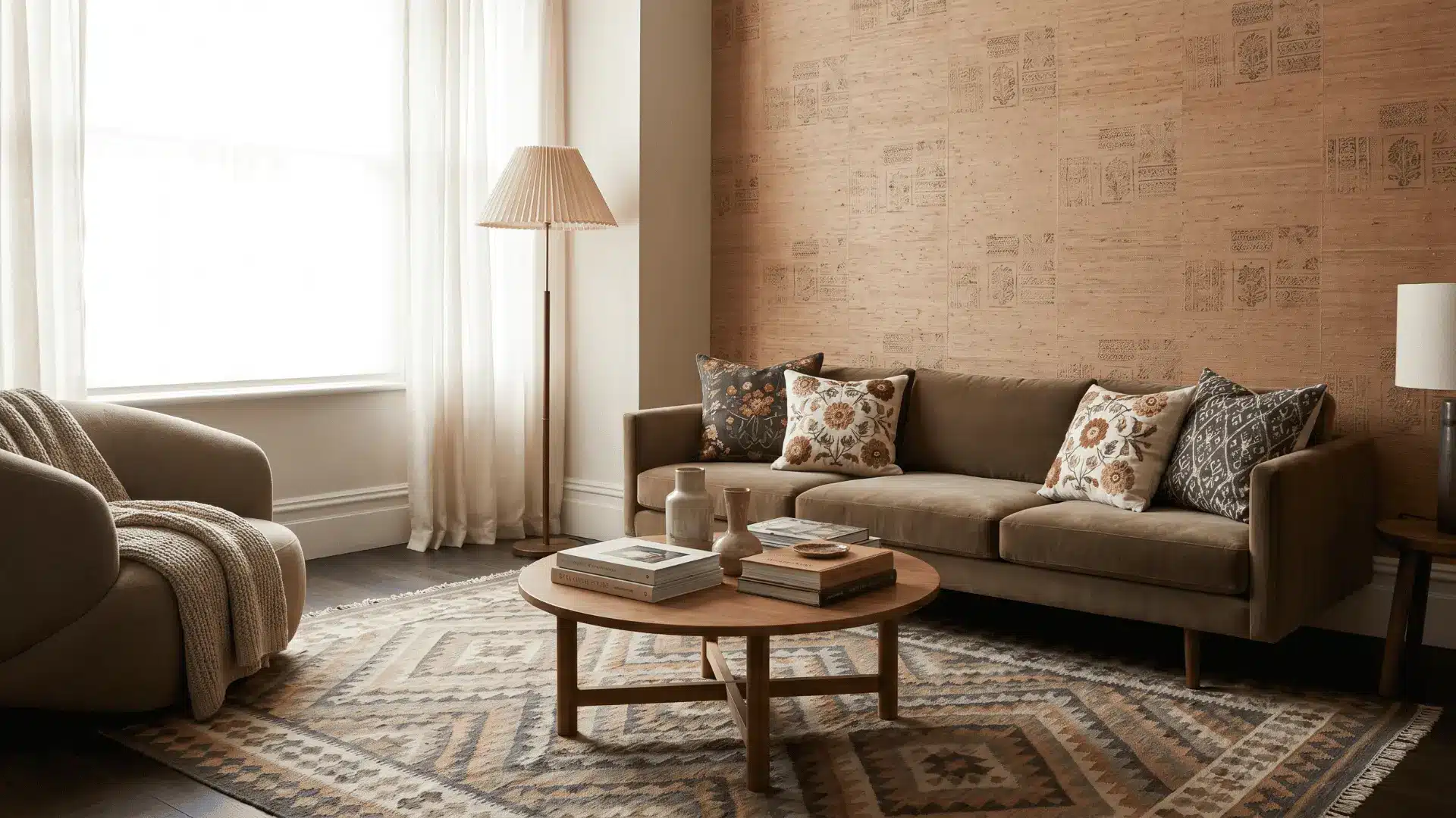Room with geometric rug and floral cushions adding visual interest