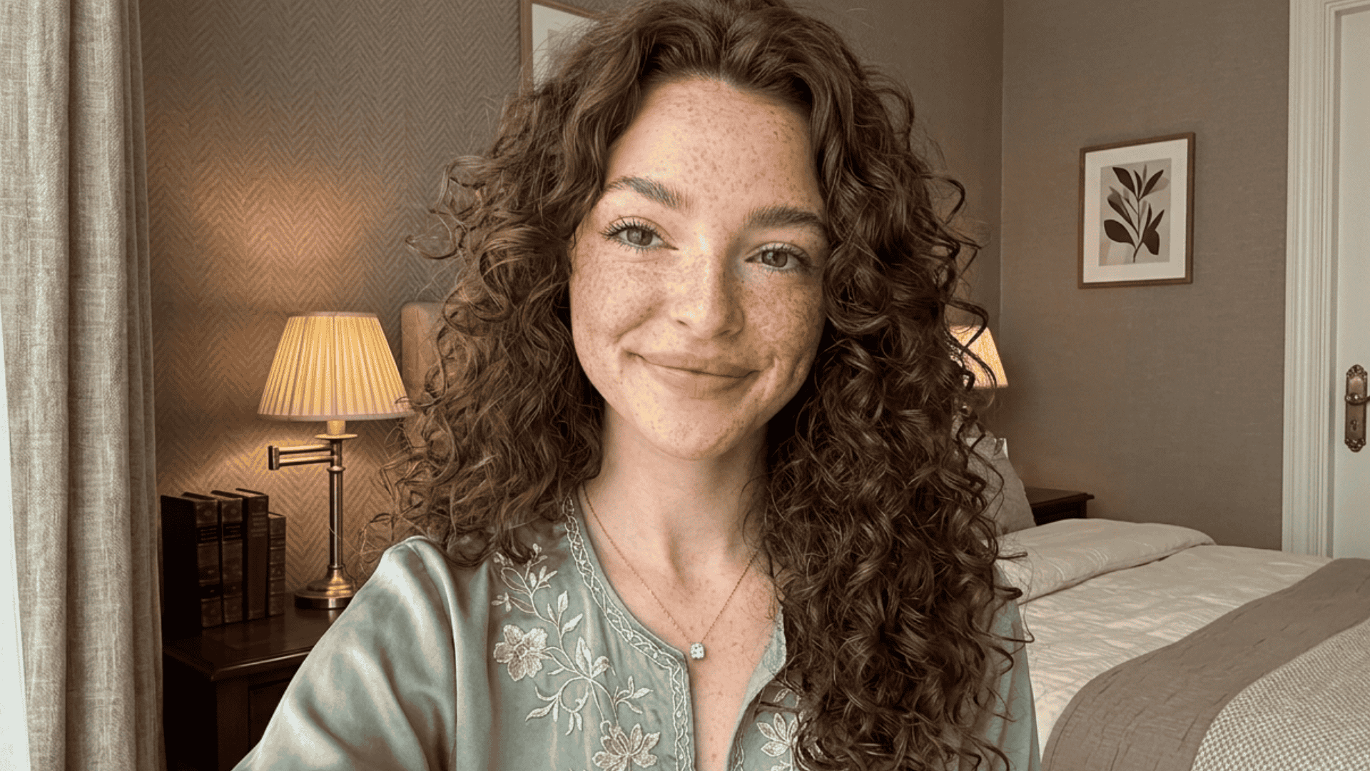 Smiling woman with curly hair and freckles sitting in a cozy bedroom with warm lighting