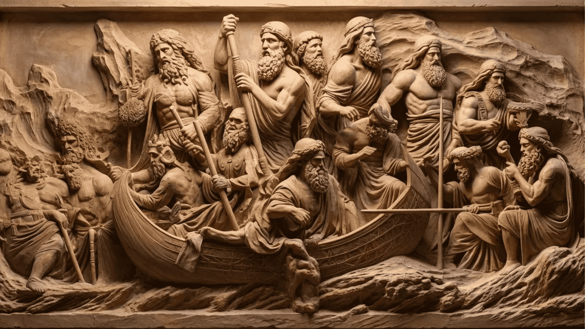 Stone relief showing a group of ancient bearded figures in a boat, holding tools and weapons, representing a mythological or historical journey scene