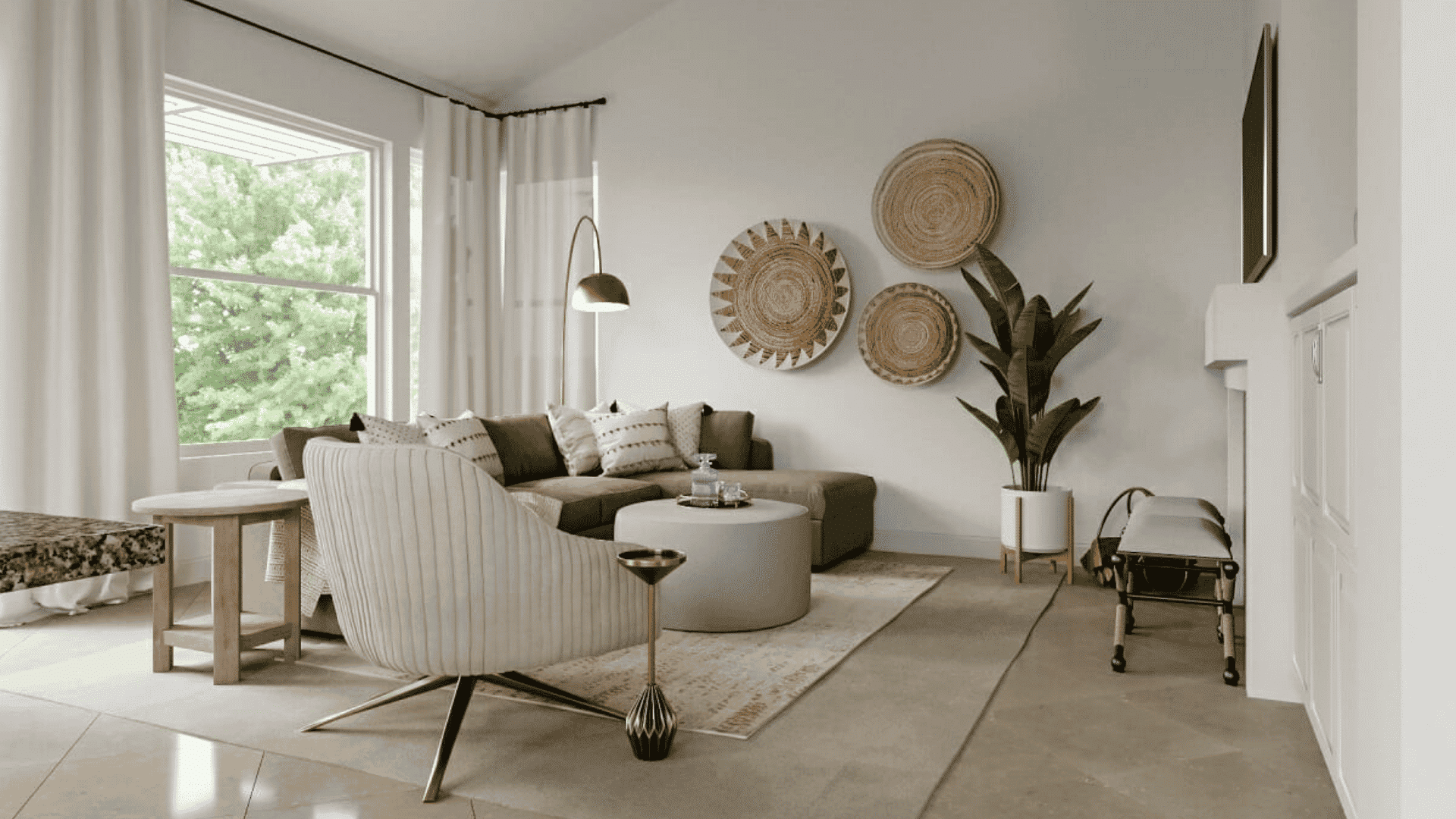 Sustainable interior design Living Room with heavy curtains, simple sofas, and an open layout