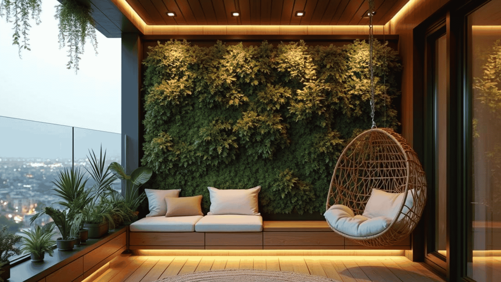 Sustainable interior design balcony with green wall, wood seating, hanging chair and warm ambient lighting