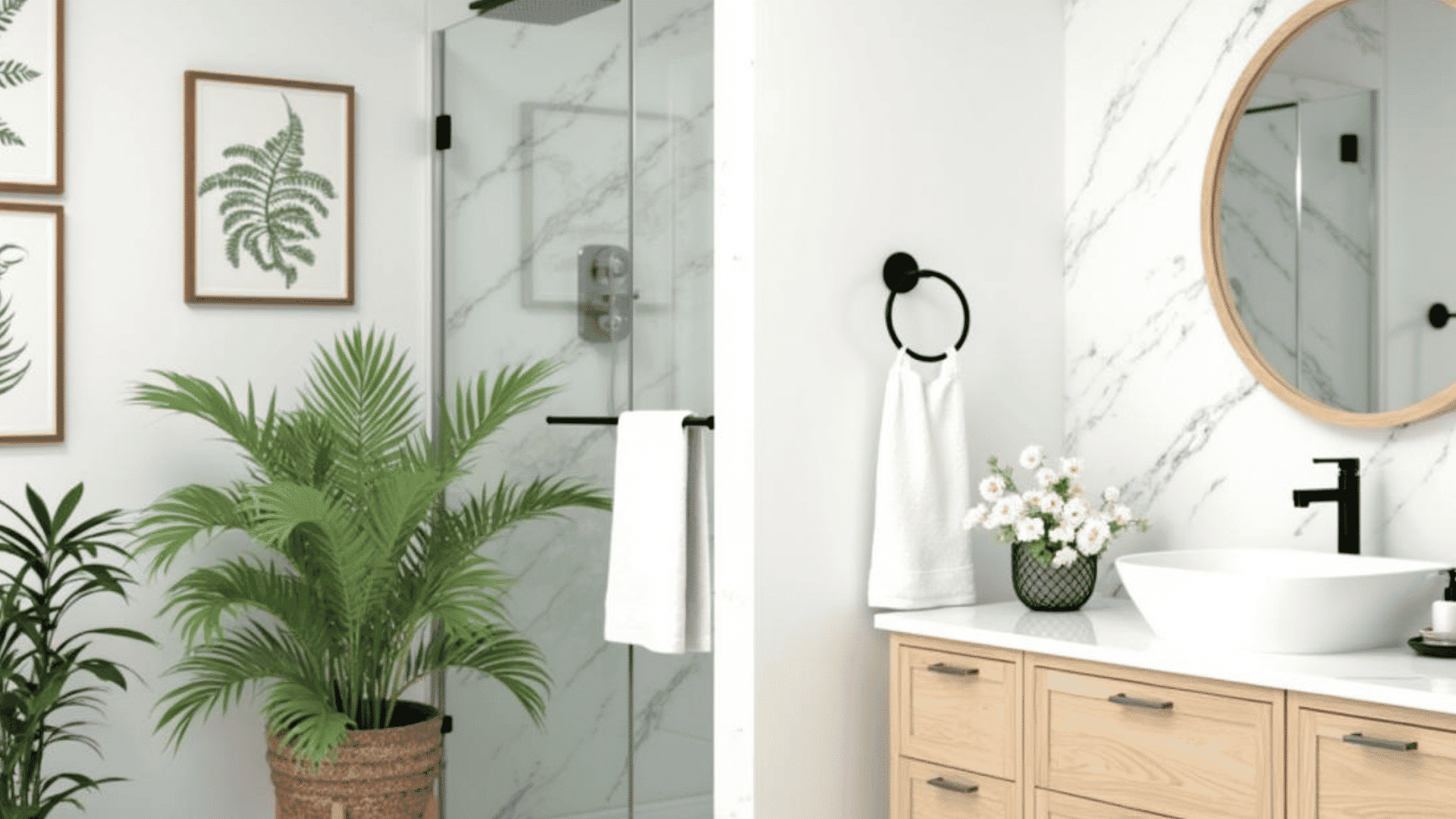 Sustainable interior design bathroom with wood vanity, marble walls, glass shower and fresh indoor plants.