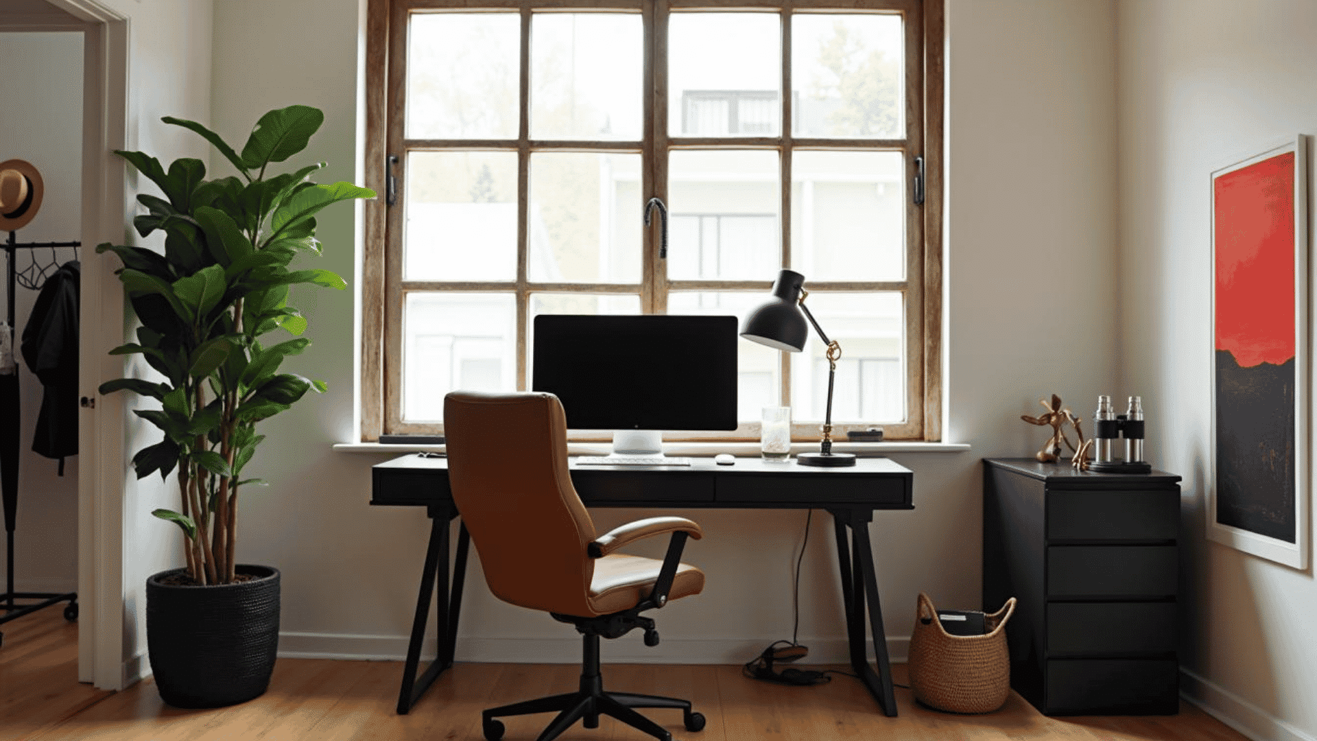 Sustainable interior design home office with natural light, wood desk, indoor plant and simple modern decor