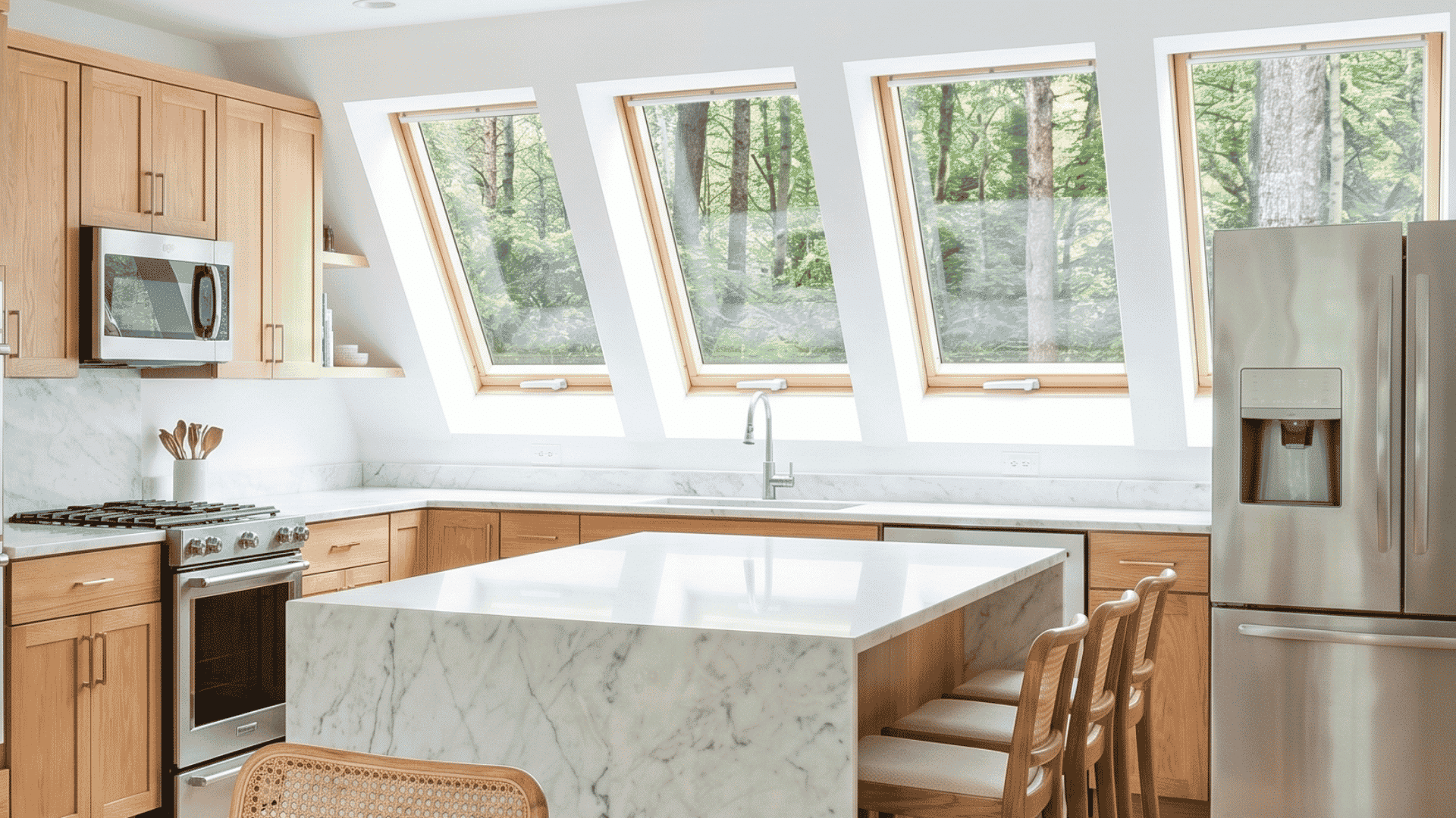 Sustainable interior design kitchen with skylight windows, wood cabinets, marble island and forest views