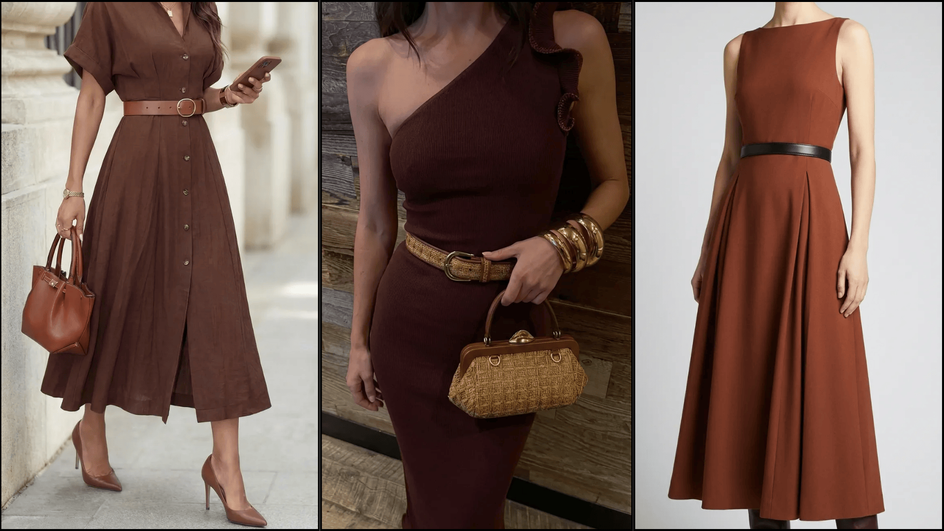 Three brown dresses styled with matching belts, handbags, and heels in coordinated tones for casual, fitted, and minimal looks