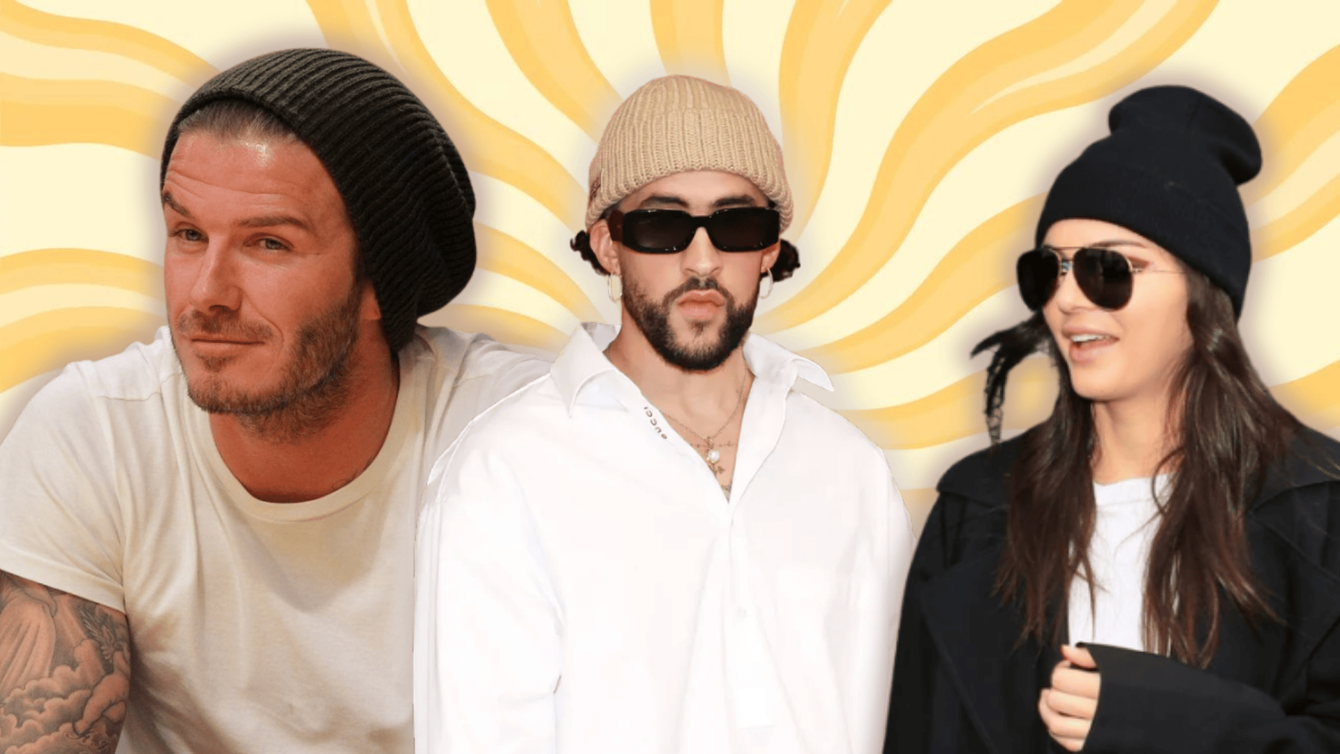 Three people wearing stylish beanie hats, including black, beige, and slouchy beanie looks with casual outfits