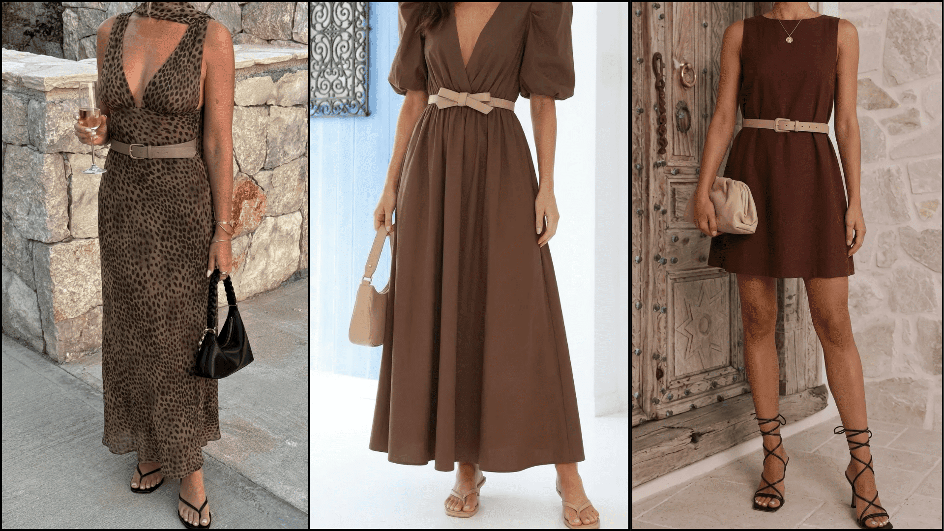 Three women wearing brown dresses styled with belts, handbags, and different footwear, showing casual and dressy outfit combinations