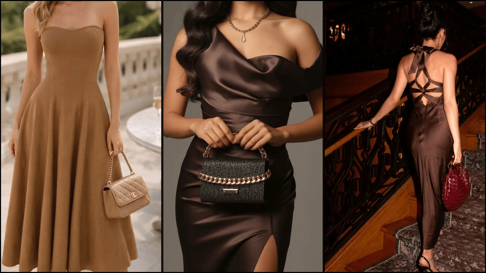 Three women wearing brown dresses styled with neutral, black, and red handbags, showing casual to evening accessory pairings