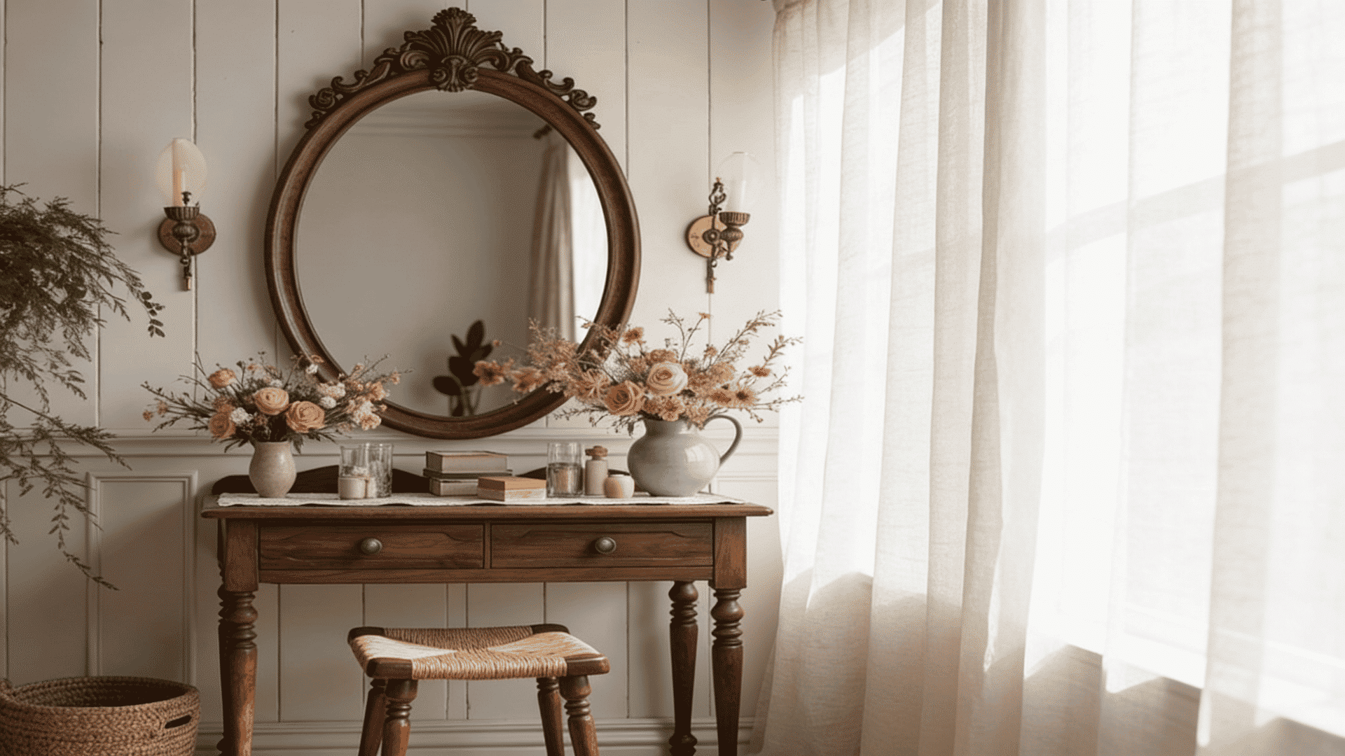 Vintage wooden vanity with an oval mirror, two flower bouquets, and a woven stool against white paneled walls