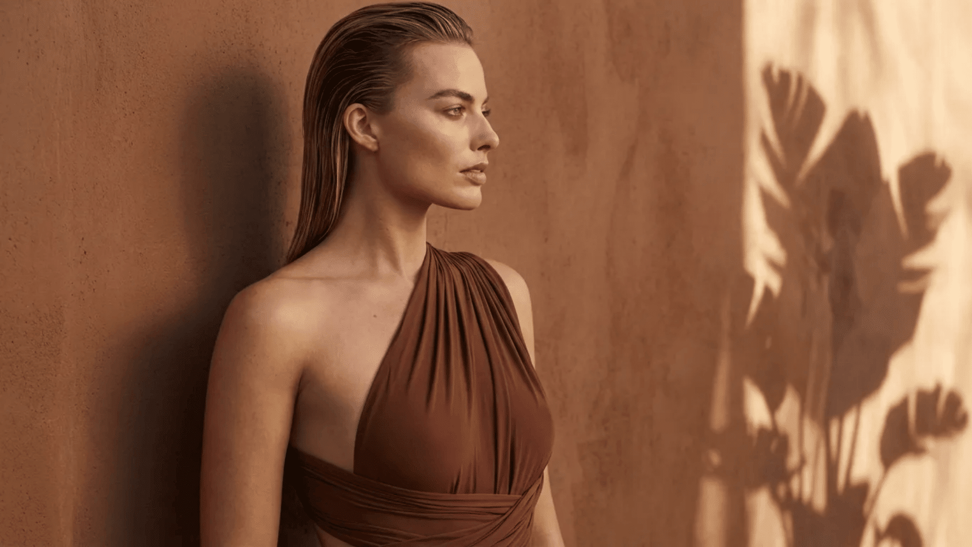 Woman in a brown one-shoulder dress standing against a textured wall with soft shadow patterns in the background