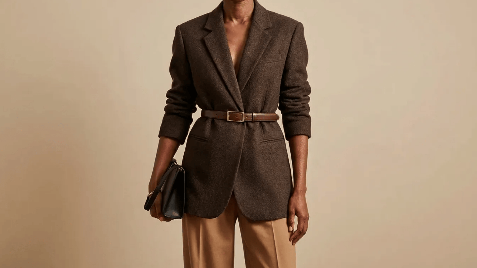 Woman wearing a belted dark brown blazer with light brown trousers and holding a black clutch against a neutral background