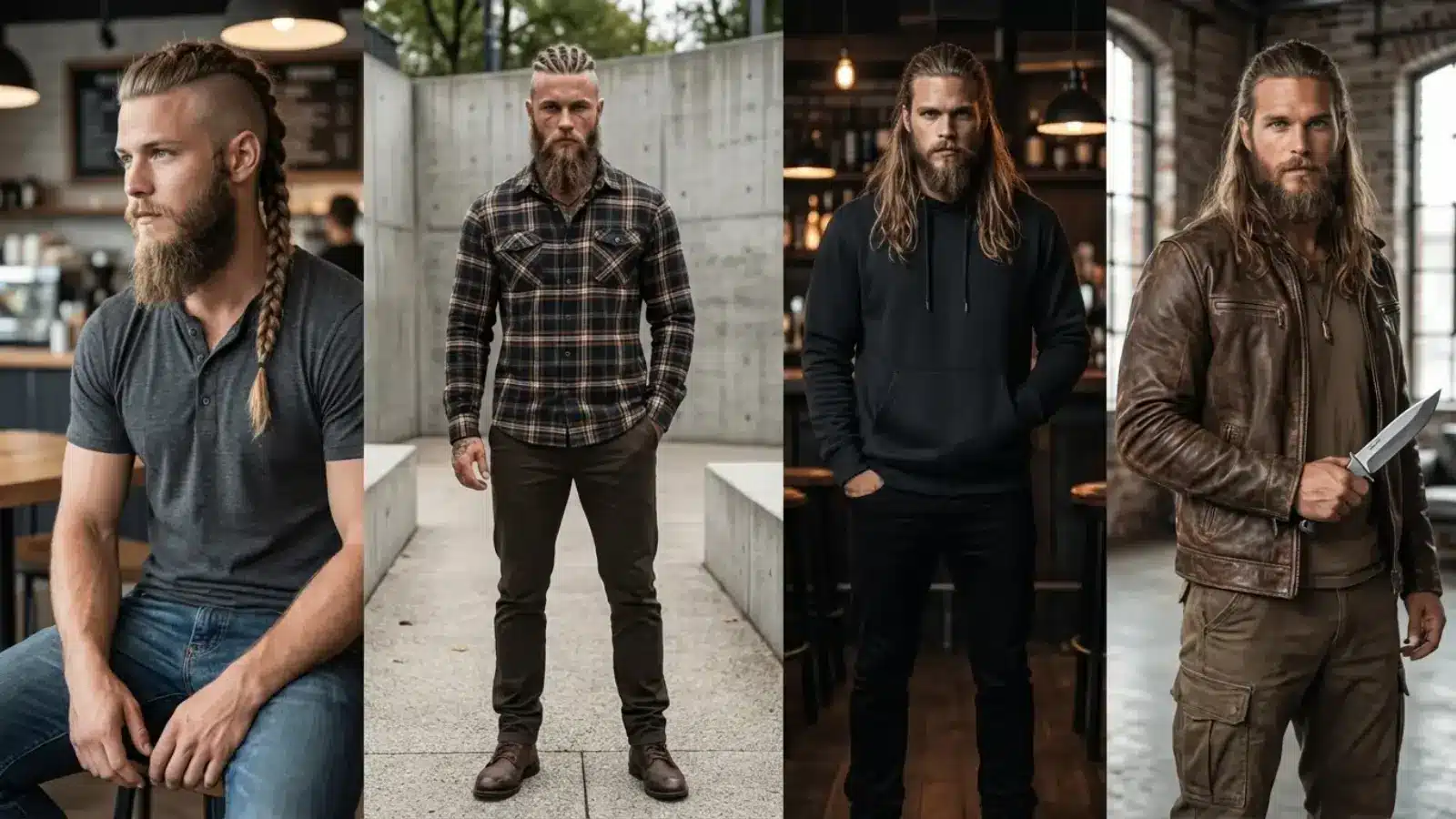 A four-panel collage showing Viking-style men in modern attire