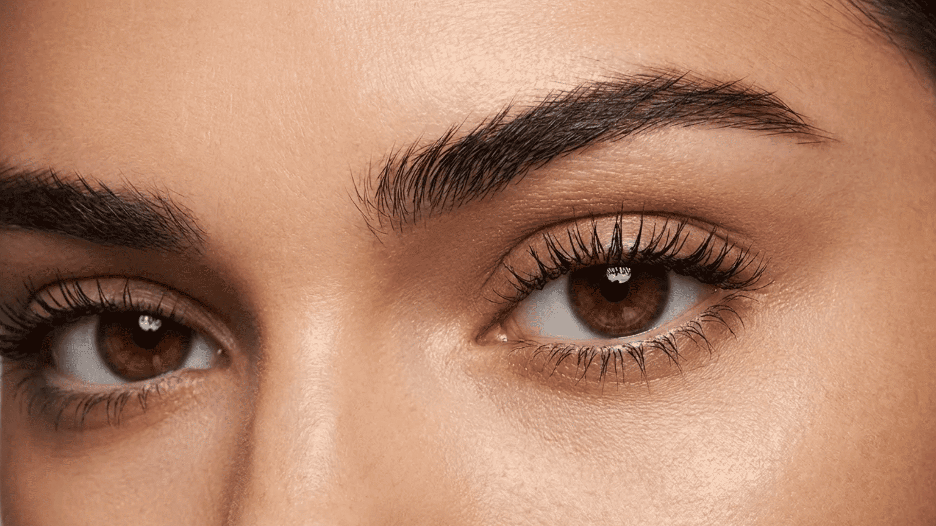 Close-up of brown eyes with natural makeup, long lashes, smooth skin, and neatly shaped eyebrows.