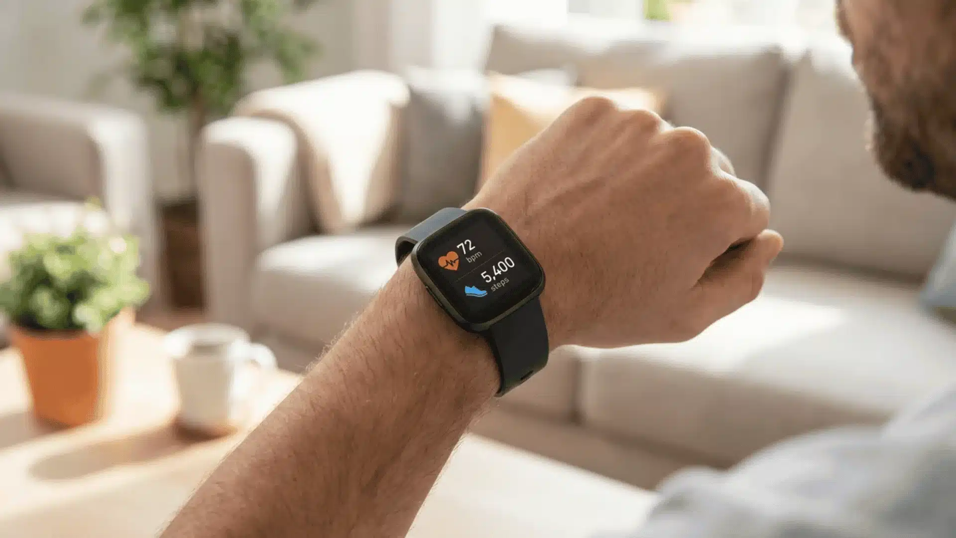 Close-up of smartwatch showing heart rate and steps on wrist