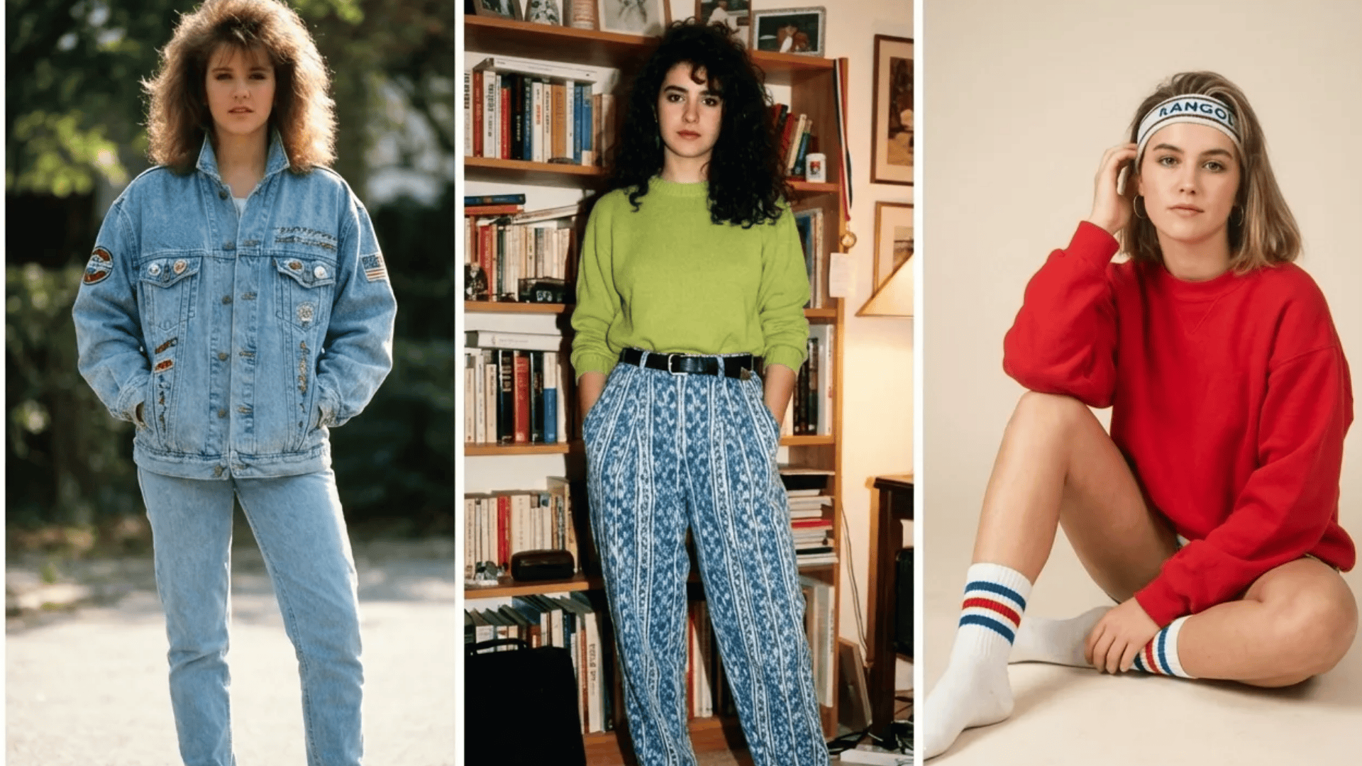 Collage of 80s outfits featuring denim jacket and jeans, high-waisted patterned pants with sweater, and oversized sweatshirt with headband and socks