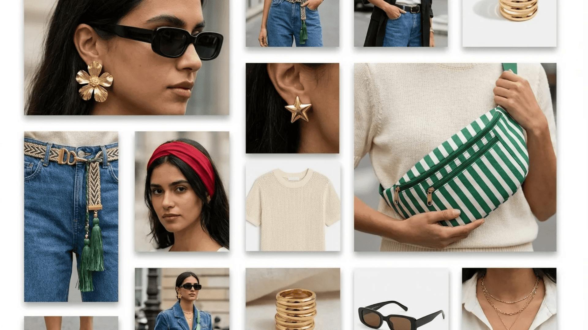 Collage of 80s-style accessories including chunky gold earrings, headband, statement belt, striped fanny pack, sunglasses, and layered necklaces