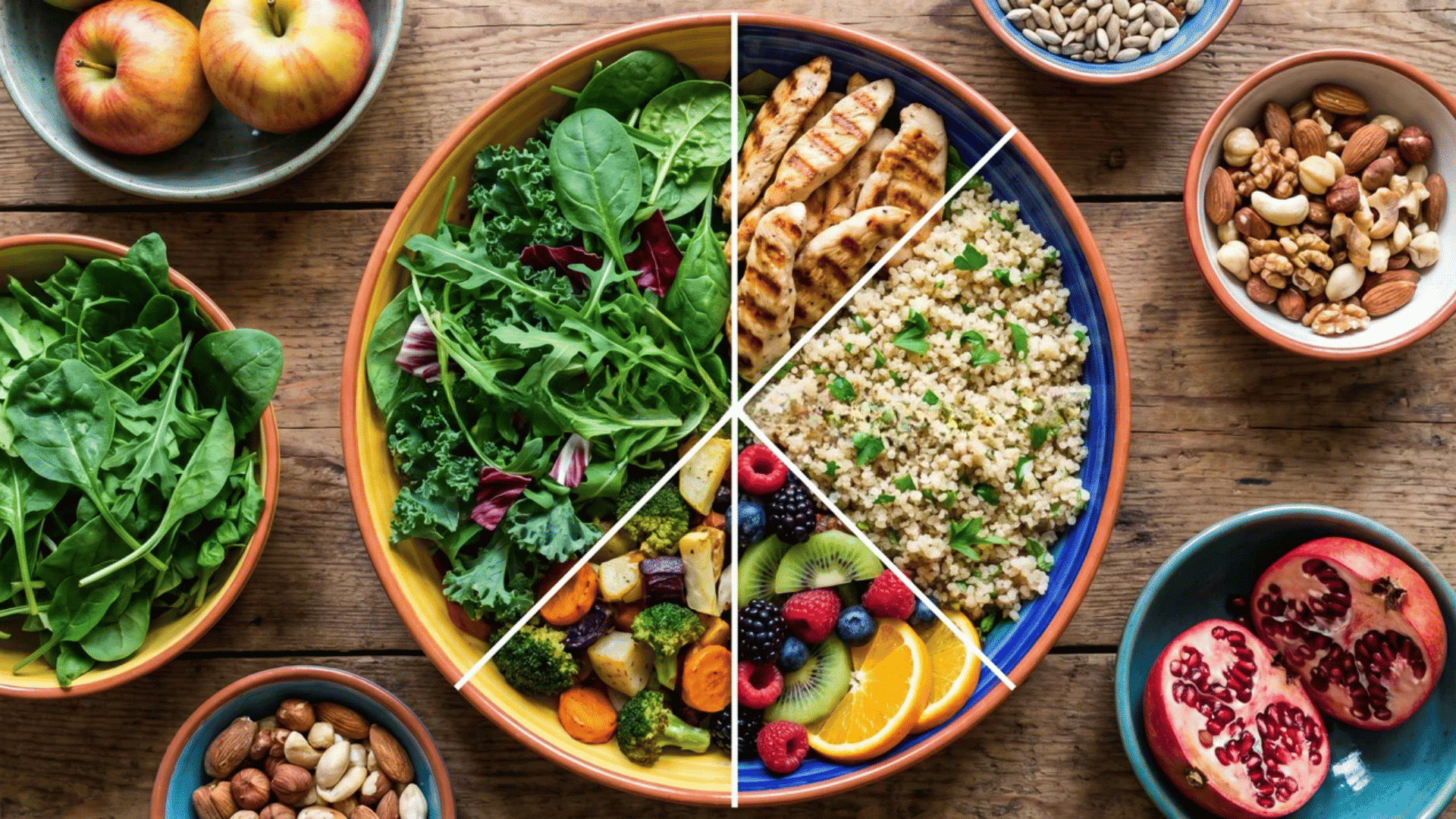 Colorful bowl divided into sections showing greens, grilled chicken, grains, fruits, and vegetables, representing a balanced diet on a wooden table. (2)