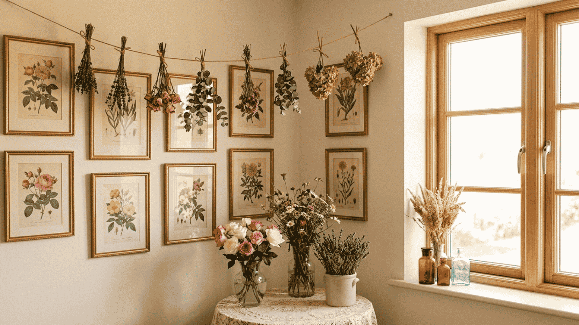 cozy corner with a wall of, dried flower bundles hanging on a string, and fresh roses in vases