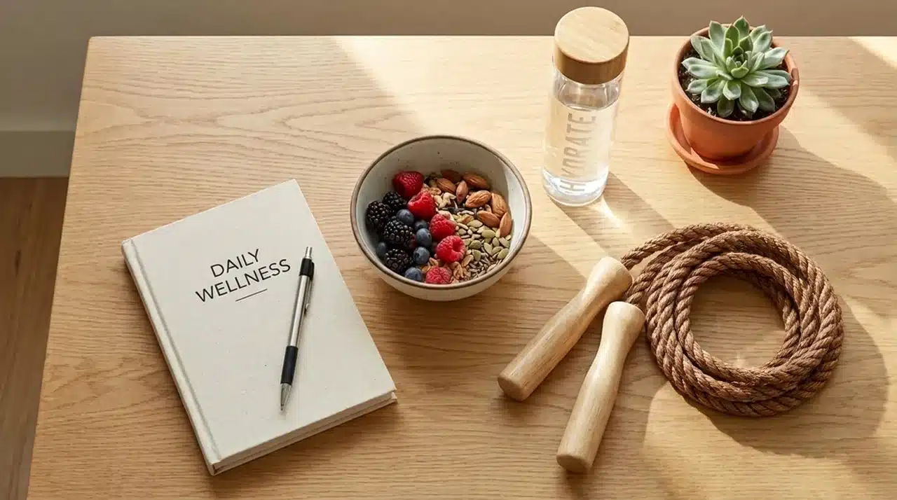 Flat lay of wellness items including journal healthy food water bottle and running shoes