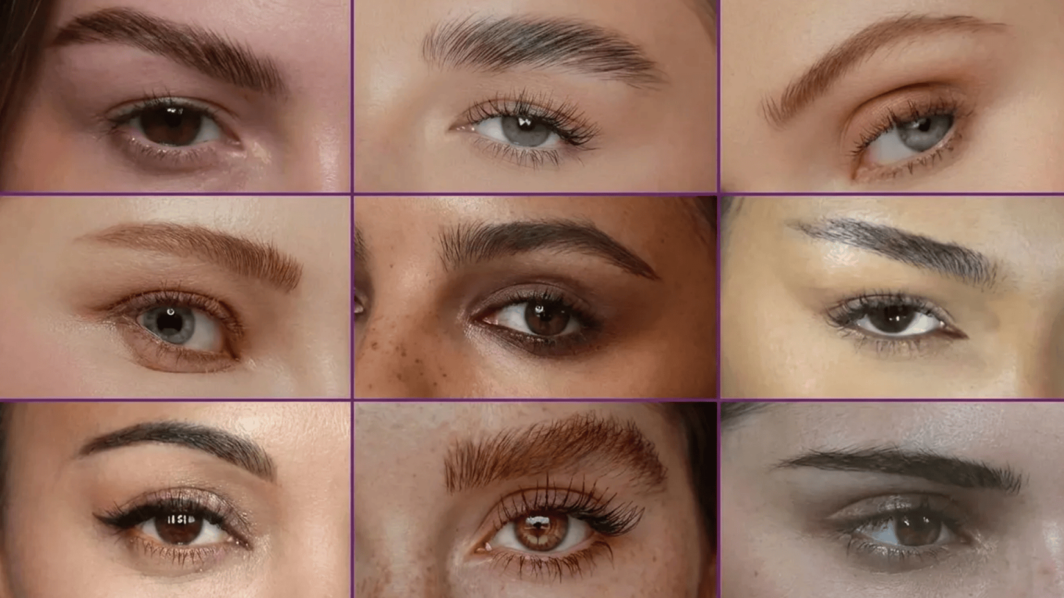 Grid of close-up eye images showing different eyebrow styles, shapes, and thickness across various skin tones and eye colors.