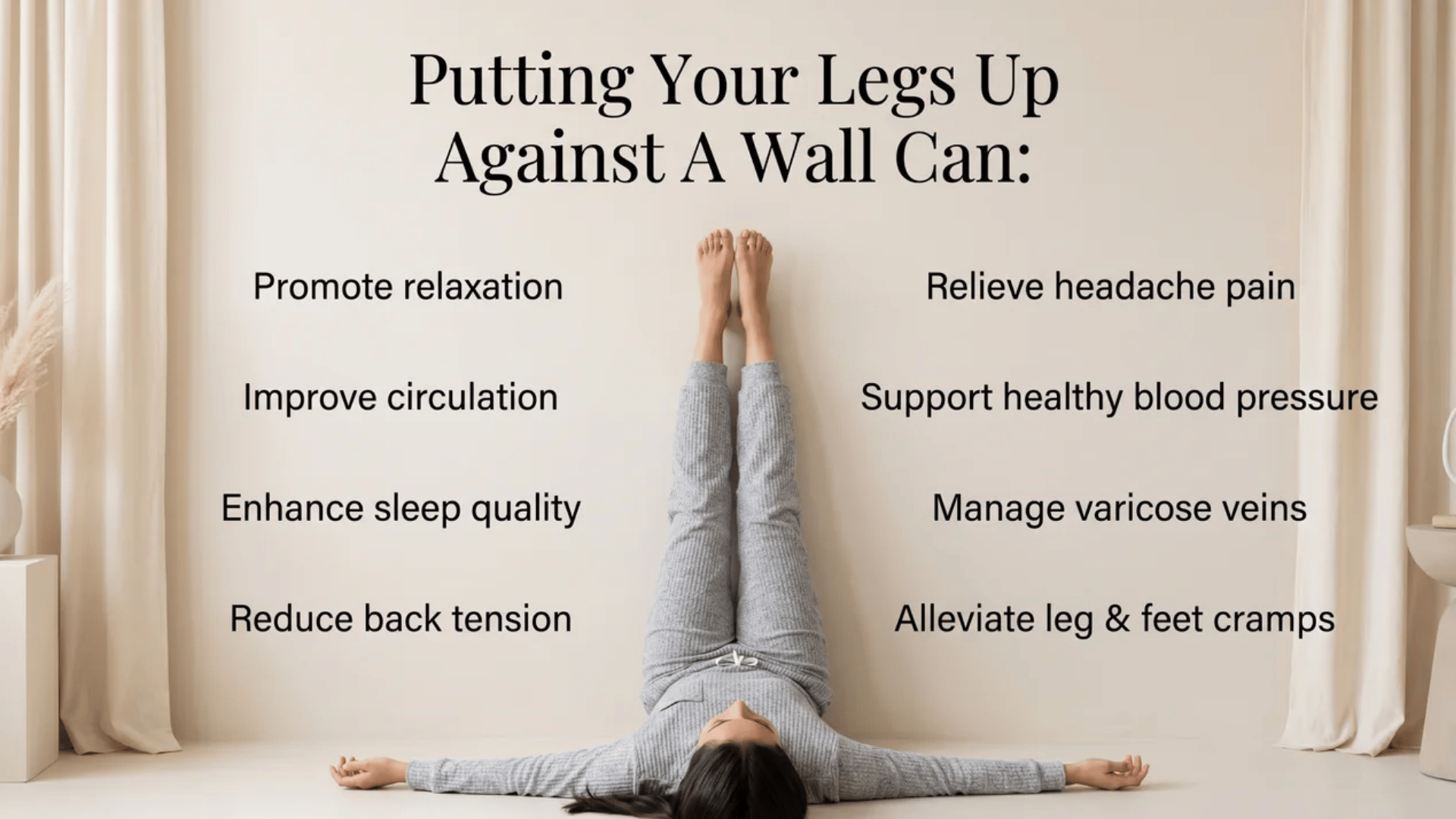 Infographic showing a person lying with legs up against a wall, highlighting relaxation, circulation, sleep, and tension relief benefits.
