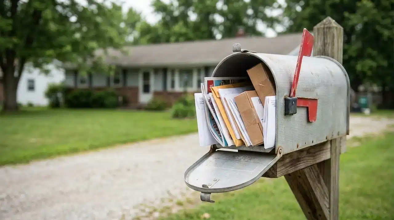Mailbox filled with uncollected mail outside a quiet home suggesting possible concern