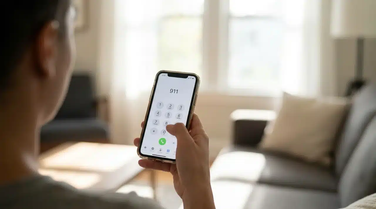 Over shoulder view of someone dialing emergency number on phone