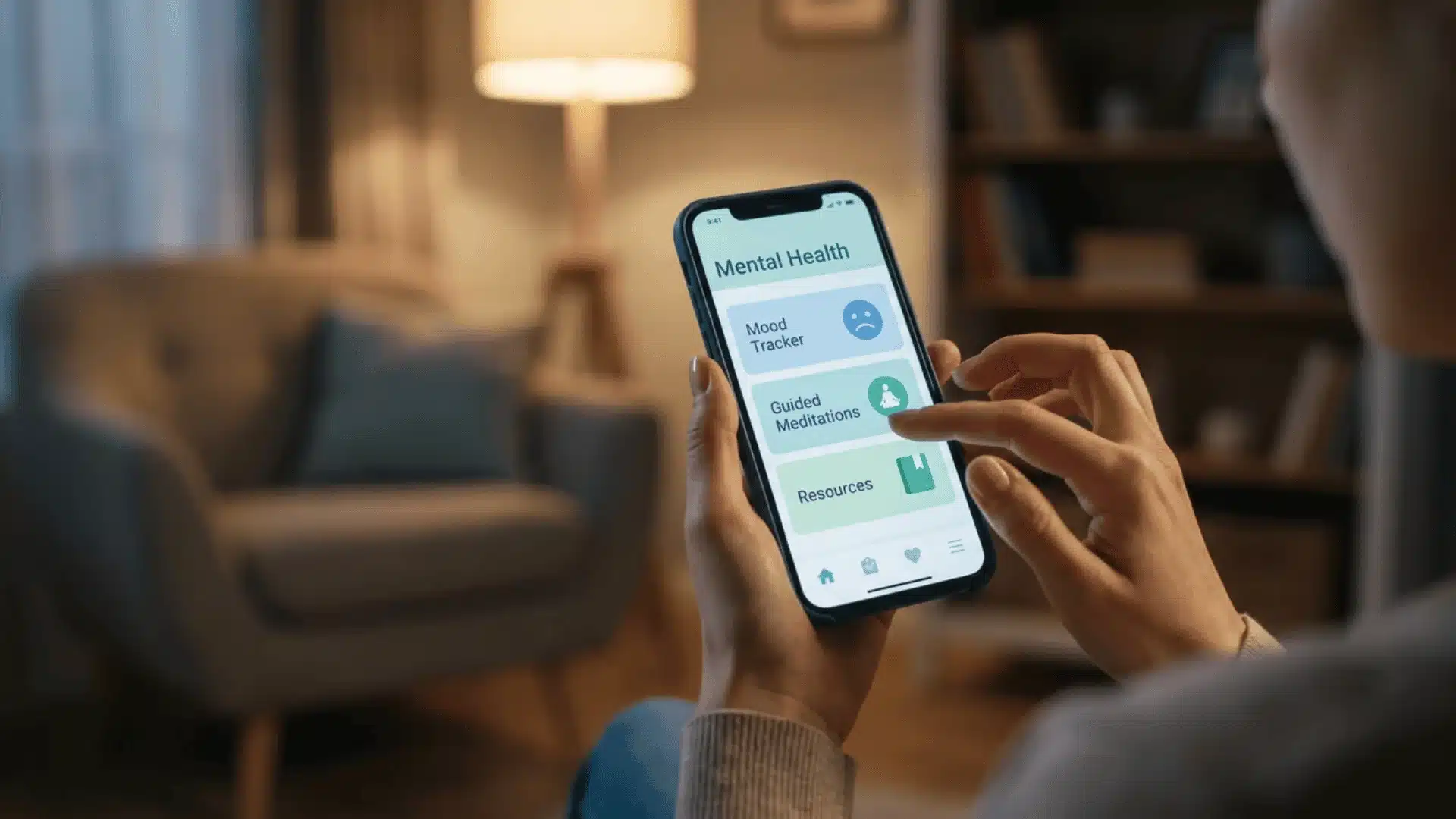 Person holding smartphone displaying mental health app interface