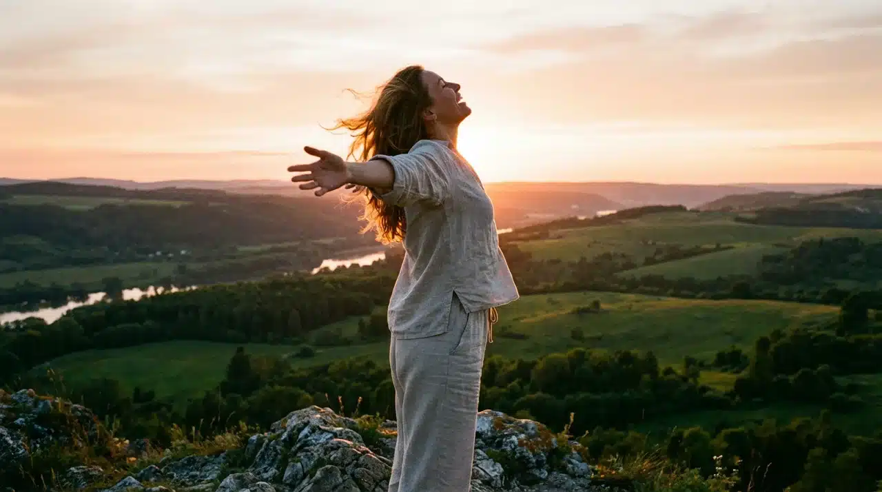 Person standing on hilltop at sunrise with open arms representing complete health and wellness