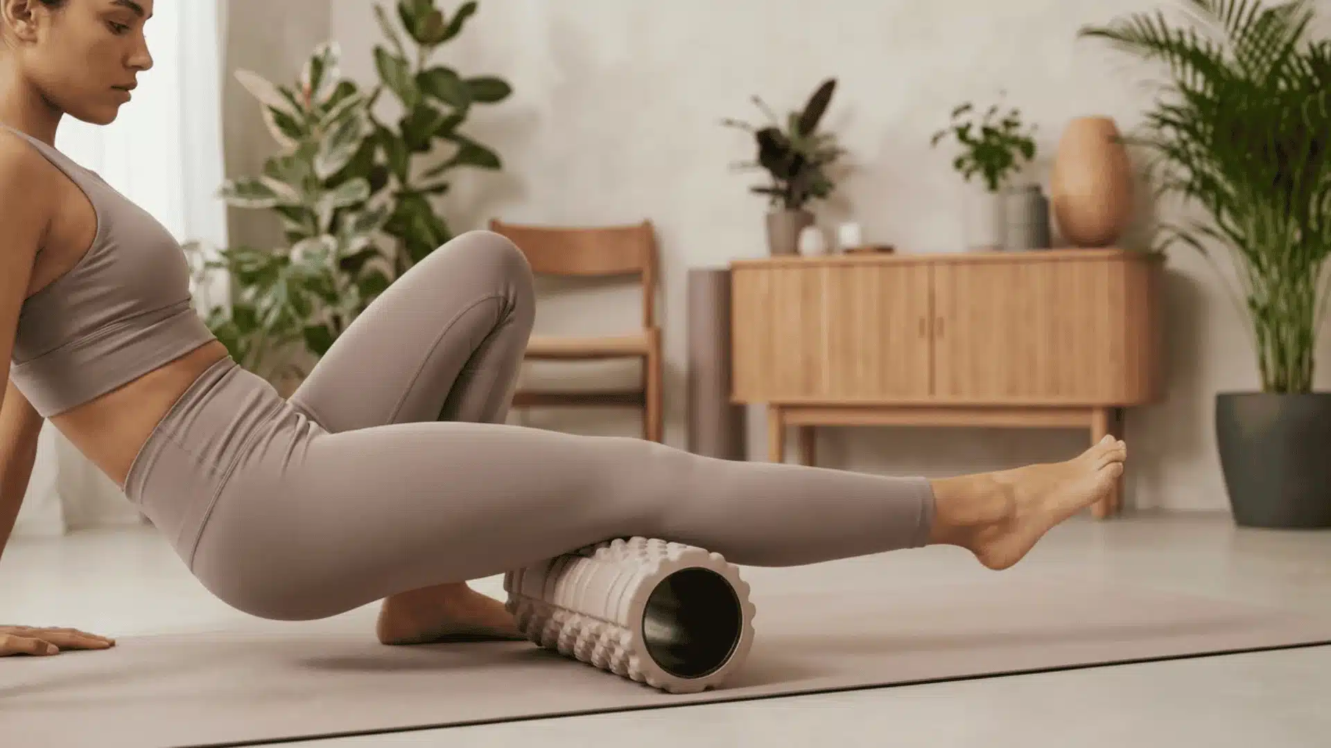 Person using a foam roller to relieve muscle tension and assist in recovery after a workout.