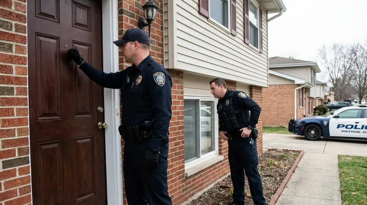 Police officers knocking on a house door while checking surroundings during a welfare check