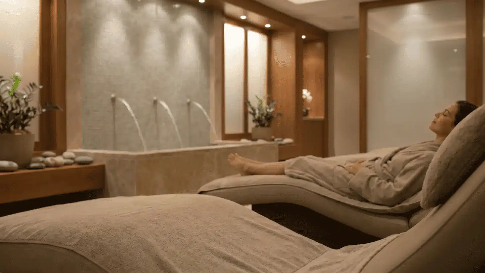 Relaxation room with water features and a person reclining on a comfortable lounge