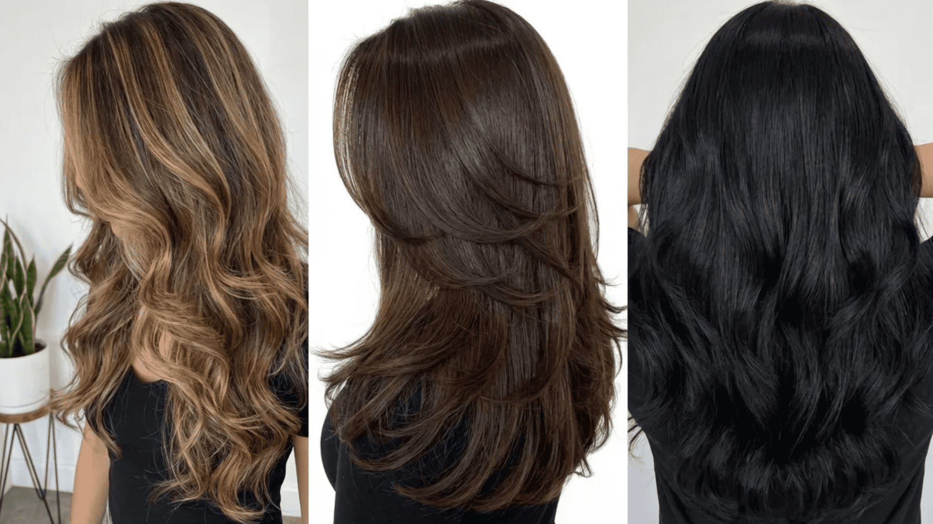 Three variations of long blowout hairstyles showing soft waves, layered volume, and smooth flow across different hair colors for a full, polished finish